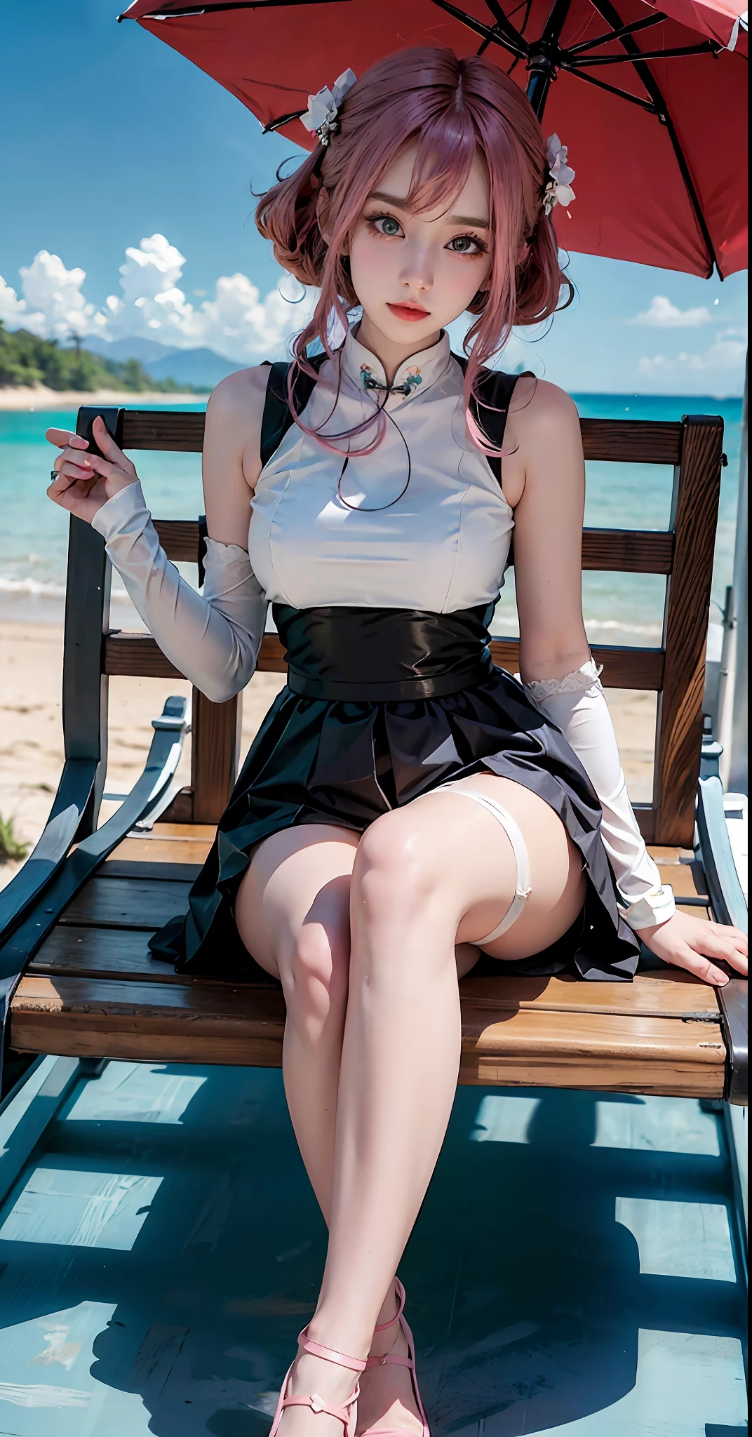 Arapei sitting on sun loungers, sun umbrella, pink hair and white cheongsam, black stockings, elegant and charming cosplay, anime girl cosplay, gorgeous cosplay, cute lazy princess, beauty Delfin, royal elegant pose, cosplay photos, anime goddess, thighs and skirts, sexy priest in magic beach, cute anime waifu wearing beautiful skirts,