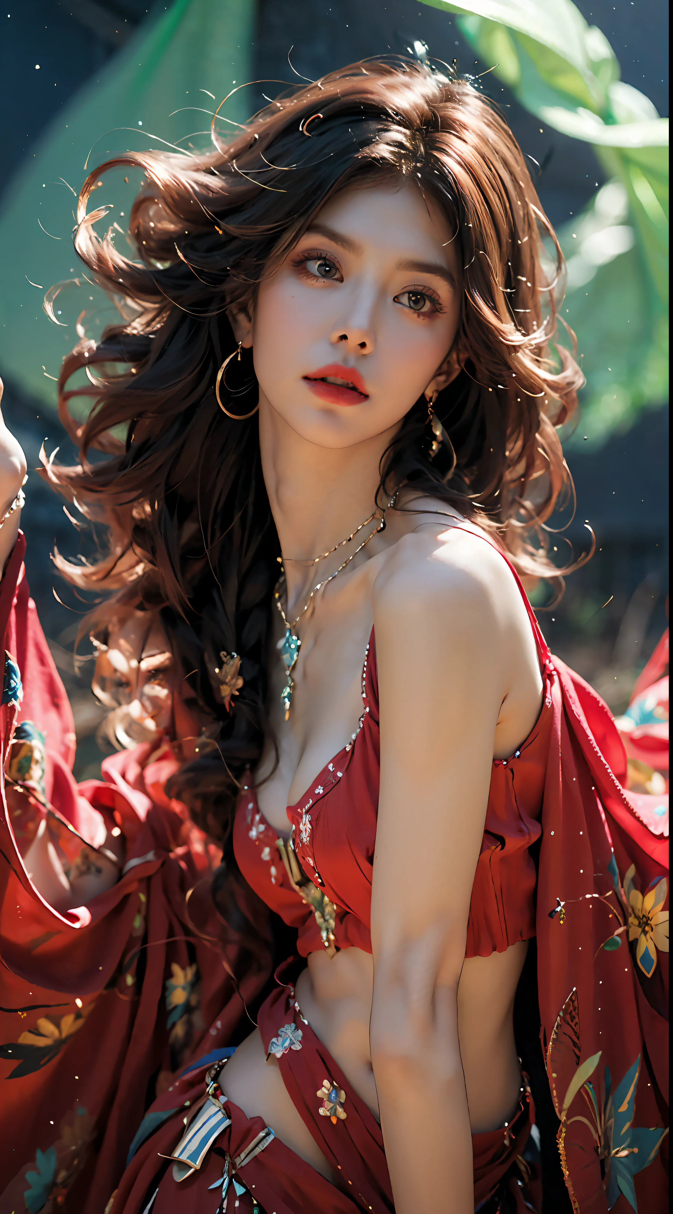 (Very detailed CG, Unity, 8k wallpapers, masterpiece, best quality, super detailed, beautiful details eyes: 1.2), best lighting, (best shadows, extremely delicate and beautiful), exotic_dance, ((desert)), 1 girl, solo, (red veil), (brown eyes, big eyes), (red gems), (red dresses)), (red long dresses), ((ribbons)), necklaces, jewelry, bracelets, waist chains, exotic, mandalas, collarbones, navel, Very long hair, earrings, necklace, (blonde hair), abdomen, (red skirt), ((huge hanging breasts: 1.2)), sky, hair accessories, (dancers, dance poses), beads, circles, blue sky, veil, beautiful facial features, starry sky, full body, complex decoration, best quality, masterpiece, upper body shot, close face, looking at the audience, anime face, 8k. Bright light, light and shadow texture, texture detail.