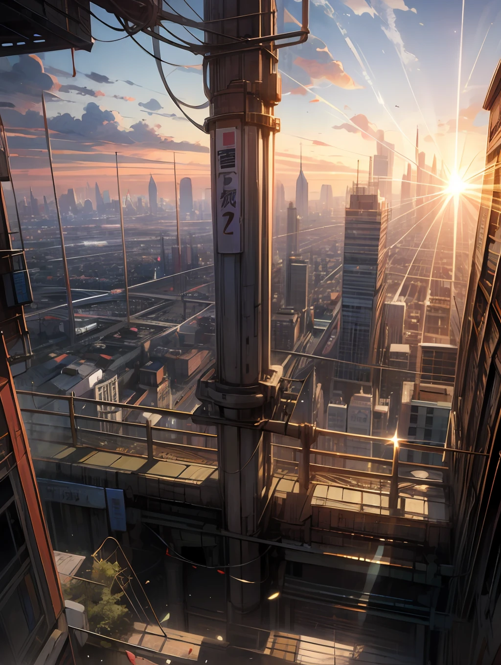 city, sky, dawn, back, anime style --auto