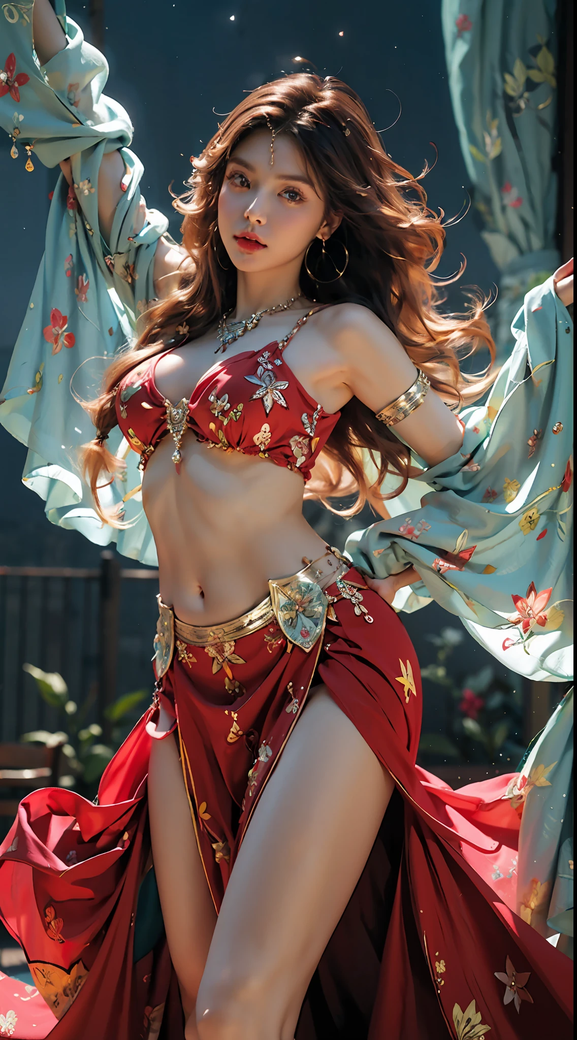 (Very detailed CG Unity 8k wallpaper, masterpiece, best quality, super detailed, beautiful details eyes: 1.2), best lighting, (best shadows, extremely delicate and beautiful, blooming), exotic_dance, ((desert)), 1 girl, solo, (red veil), (brown eyes, big eyes), (red gemstones), (red dresses)), (red long dress), ((ribbon)), necklaces, jewelry, bracelets, waist chains, exotic, mandala, collarbone, navel, very long hair, earrings, necklace, (blonde hair), belly, (red skirt), ((huge hanging breasts: 1.2)), sky, hair ornaments, (dancers, dancing poses), beads, circles, blue sky, veil, beautiful facial features, starry sky, full body, complex decoration, best quality, masterpiece, upper body shot, close face, looking at the audience, anime face, 8k. Bright light, light and shadow texture, texture detail.