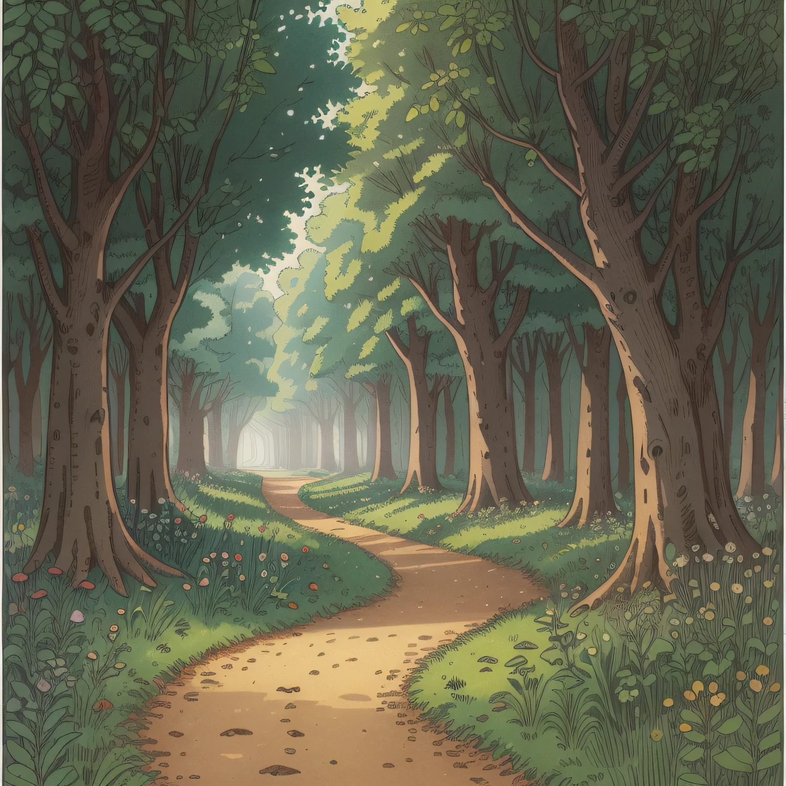 Children's picture book illustration, path in broadleaf forest, overgrown forest, dimly lit forest, path in forest, striking composition, dim, cute, color illustration, 18th century France, more detail, more drawing, improved drawing,