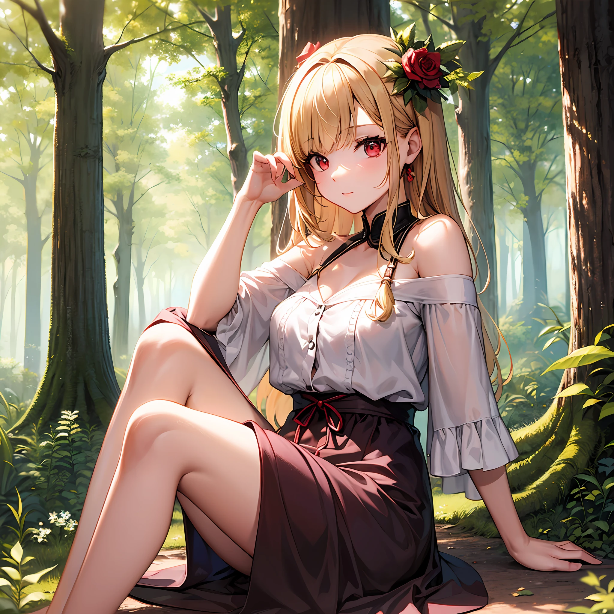 blonde girl, red eyes, dress, off-the-shoulder, solo, sitting, sun, sunlight, woods