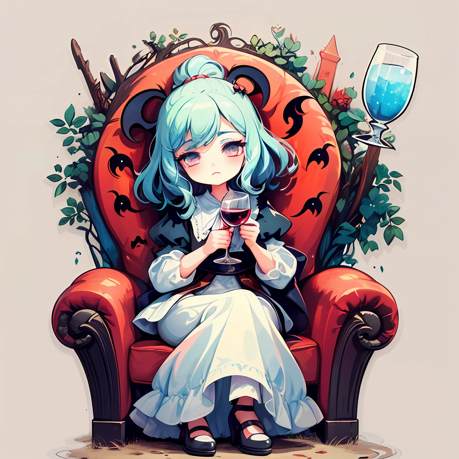 1 sticker, handbook, (sticker, 1 girl, vampire queen, gorgeous european medieval dress, wine glass, bat, throne, castle), watercolor, white background, simple background, minimal, cute, tiny, pastel color, vector style, no gradient