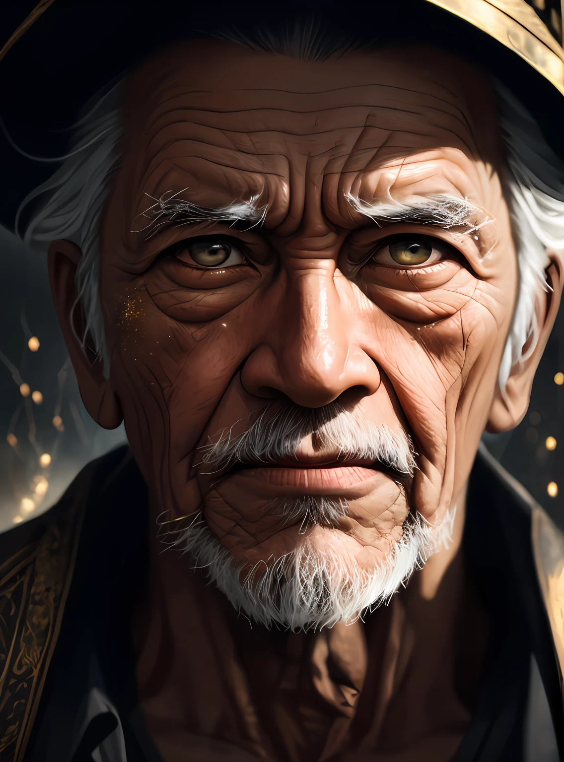 An epic close up portrait of elderly intense sinister eyes, look alike asian(Burma), and nose with long white beard, framed with a faded ancient tattered , reflecting gold sparks in the irises of the eyes, white eyebrows, at night,in a deserted graveyard, during a violent thunderstorm, at midnight, casting spells to summon the spirits of the dead, dramatic lighting, high contrast, highest definition, hyperrealism, hyperrealistic, photorealistic, high resolution, hdr photography, 8k
