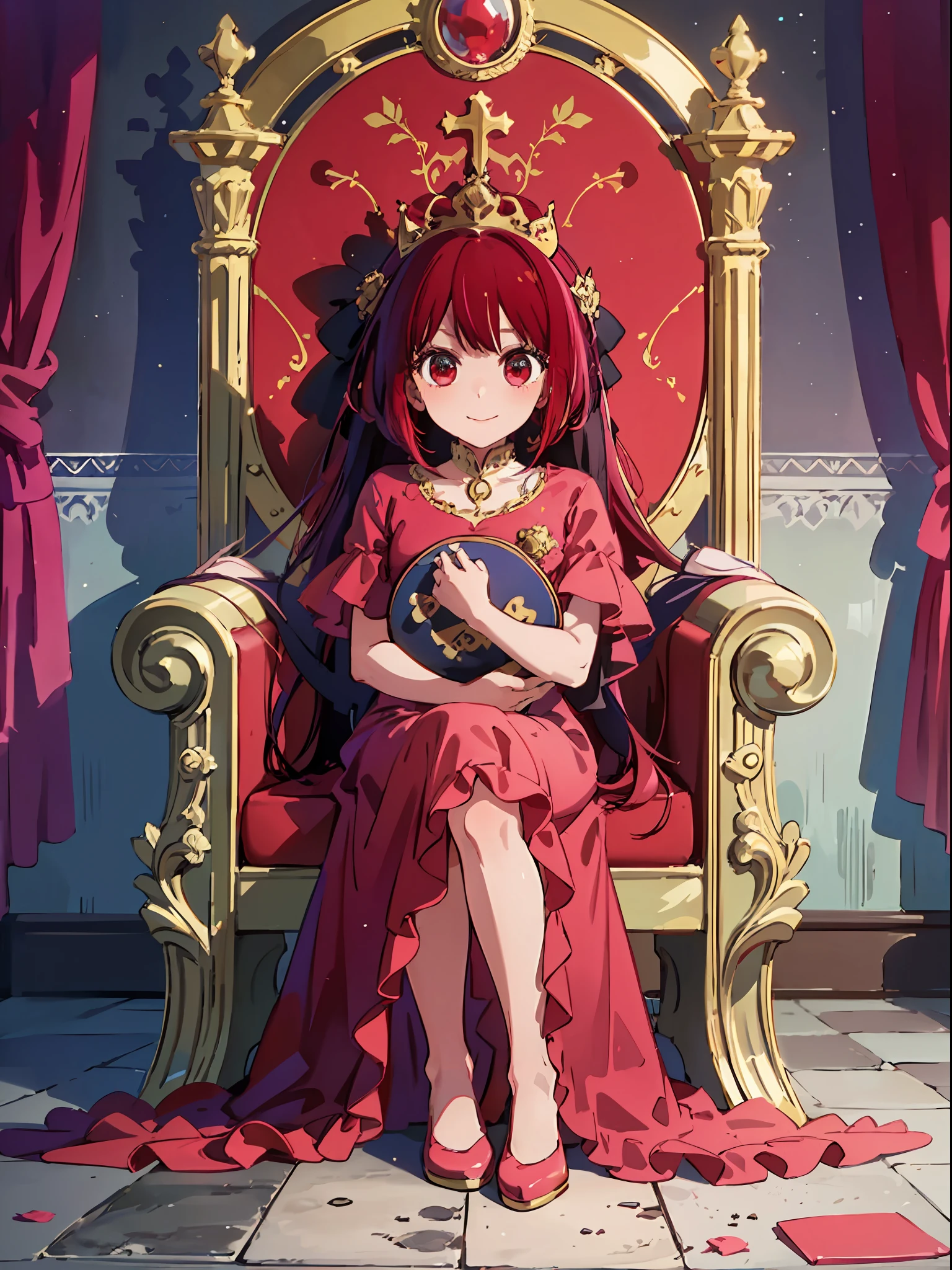 (Lori, 5 years old, girl: 1.5), dark room, sitting, huge throne of gold, queen, cross-legged, watching viewer, from bellows, self-righteous smile, Kana Arima, red dress, red hair, red eyes, (masterpiece: 1.2), high resolution, top quality, 8k,