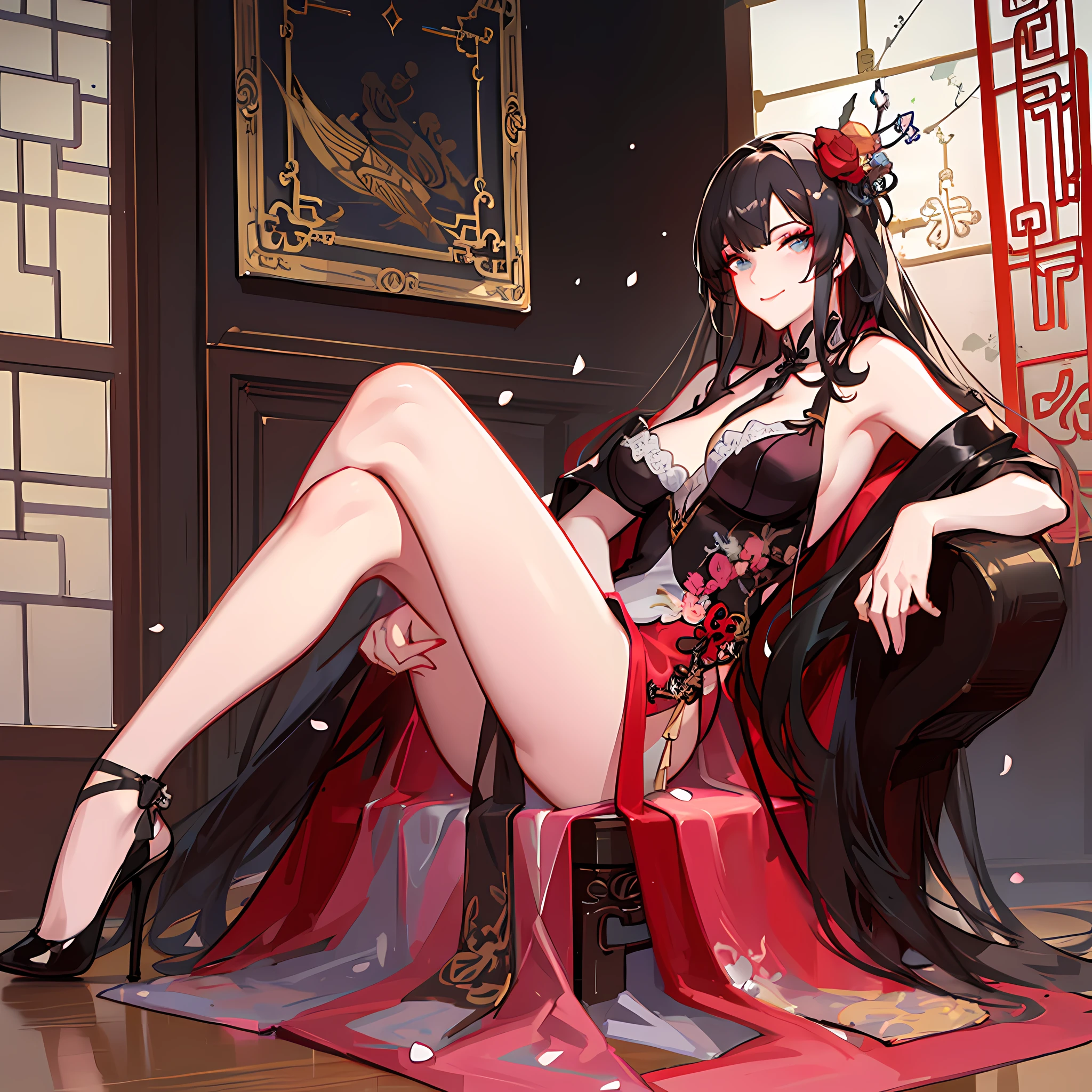 Sexy seductive lady, peach blossom eyes, smoky makeup, silk high-forked hanfu, stiletto heels, (bare legs), provocative expression, sitting on a throne, striped hair, black hair, moles under the eyes, makeup, anime style, seductive smile, kinky smile, Chinese court, Chinese feeling, lantern, Chinese knot, UHQ, masterpiece, 8k, best quality, ccurate, anatomically correct, highly detailed characters, stiletto heels, bare legs, rounded smooth bare legs, (8k, original photo, best quality, masterpiece,, :1.2), European Feel, Medieval, ((Character) Concept Art), Full Body Concept, Fine Details, Screen Center,