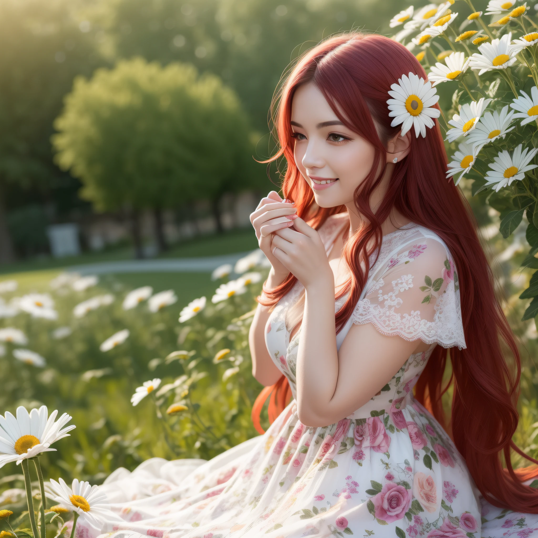 masterpiece. Pretty woman with long hair. Red hair. happy face. ((smelling a daisy)). kneeling in a multicolored rose garden. blurred background. Dressed in a vaporous chiffon dress. Photorealistic, Hyperdetailed, High Quality'8K