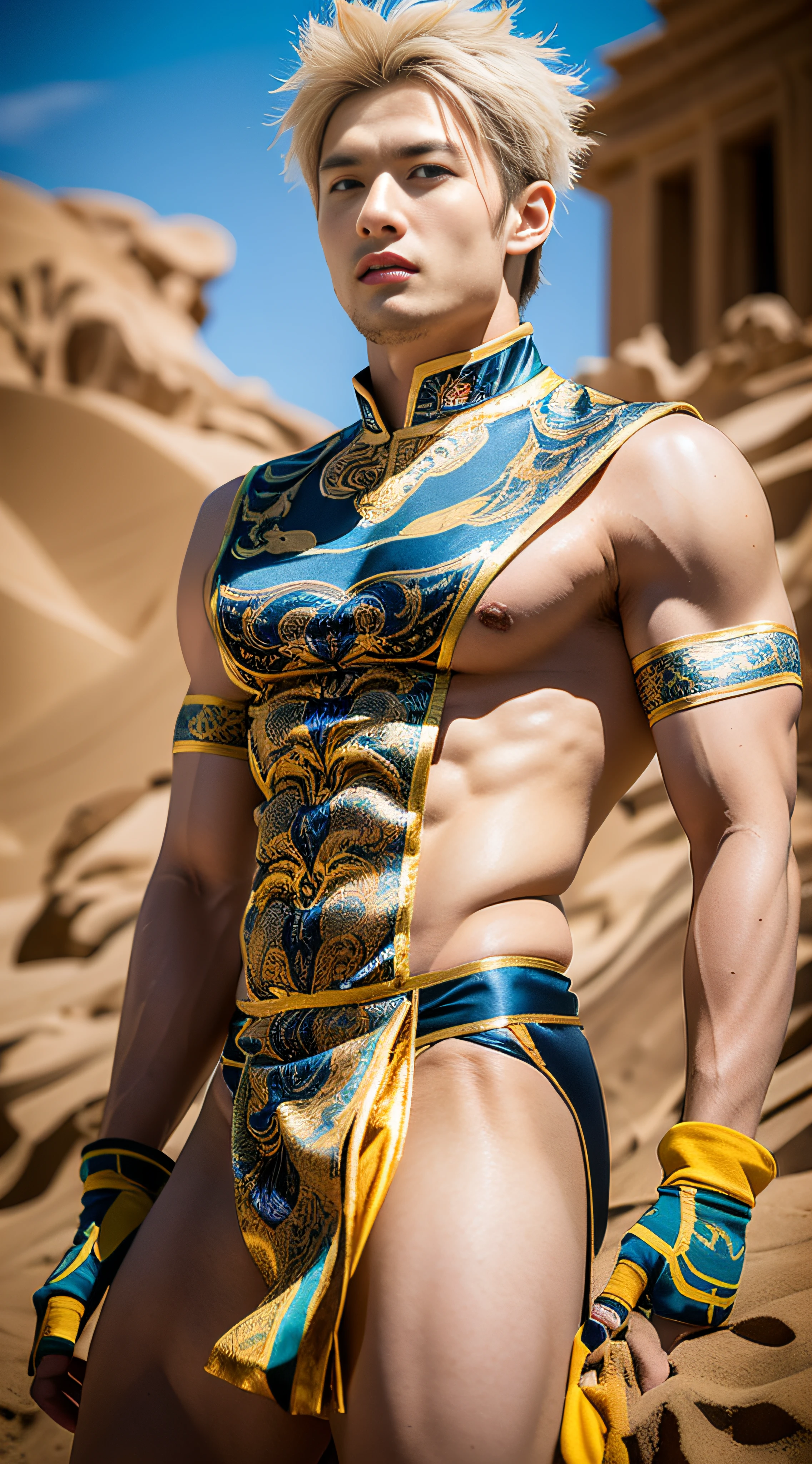 (Best quality, masterpiece: 1.2), a Chinese male, 20 years old, Dunhuang costume, muscle flying sky, muscle bodhisattva, full of muscles, flying costume, muscle bodhisattva, with head halo, Dunhuang male flying sky, gorgeous, bright, Dunhuang style costume, full body portrait, in the Dunhuang desert, beautiful scenery