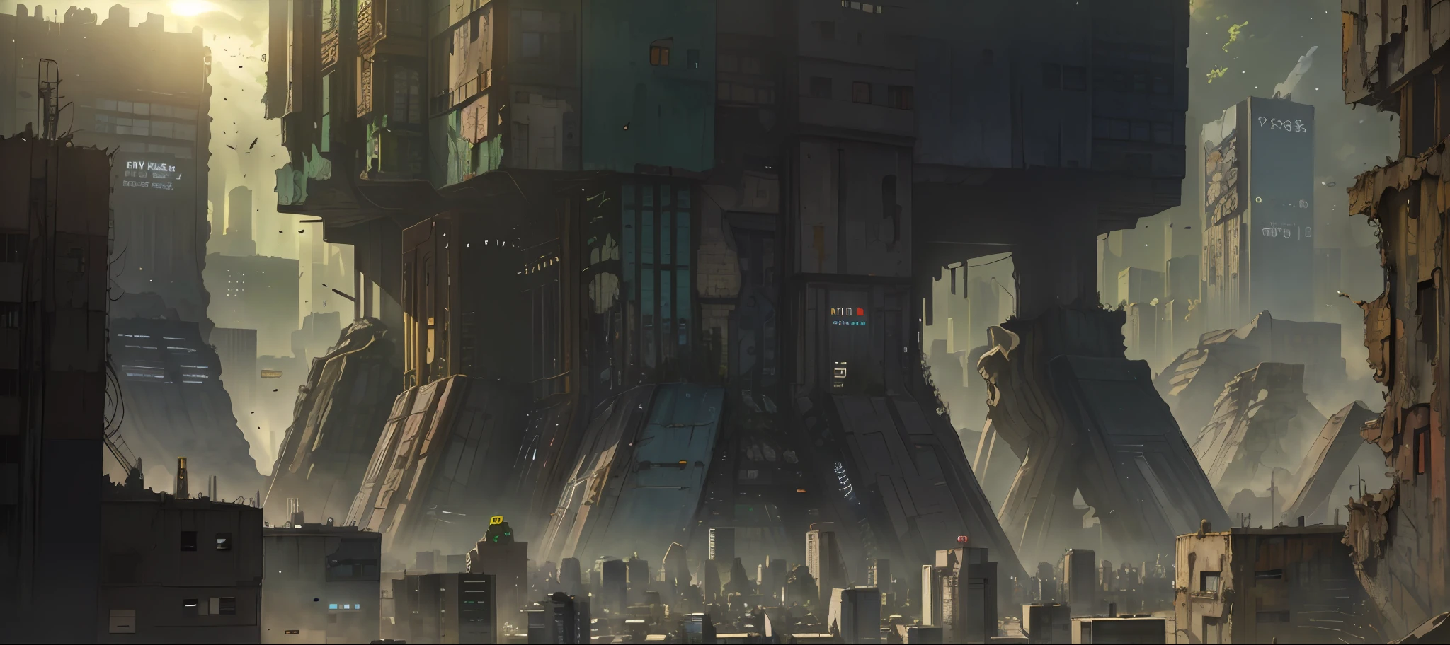 ((Best Quality)), ((Masterpiece)), (Very Detailed: 1.3), ((View of a Huge Dystopian Sprawling City)), Layers of Buildings Block the Sunlight (((Perfect Building))), Dirty Cracked Concrete and Dilapidated Steel Buildings, Towering Slums, 4k High Resolution, Masterpiece, Art Station Trend, (Clear Lines), Neon Sign,