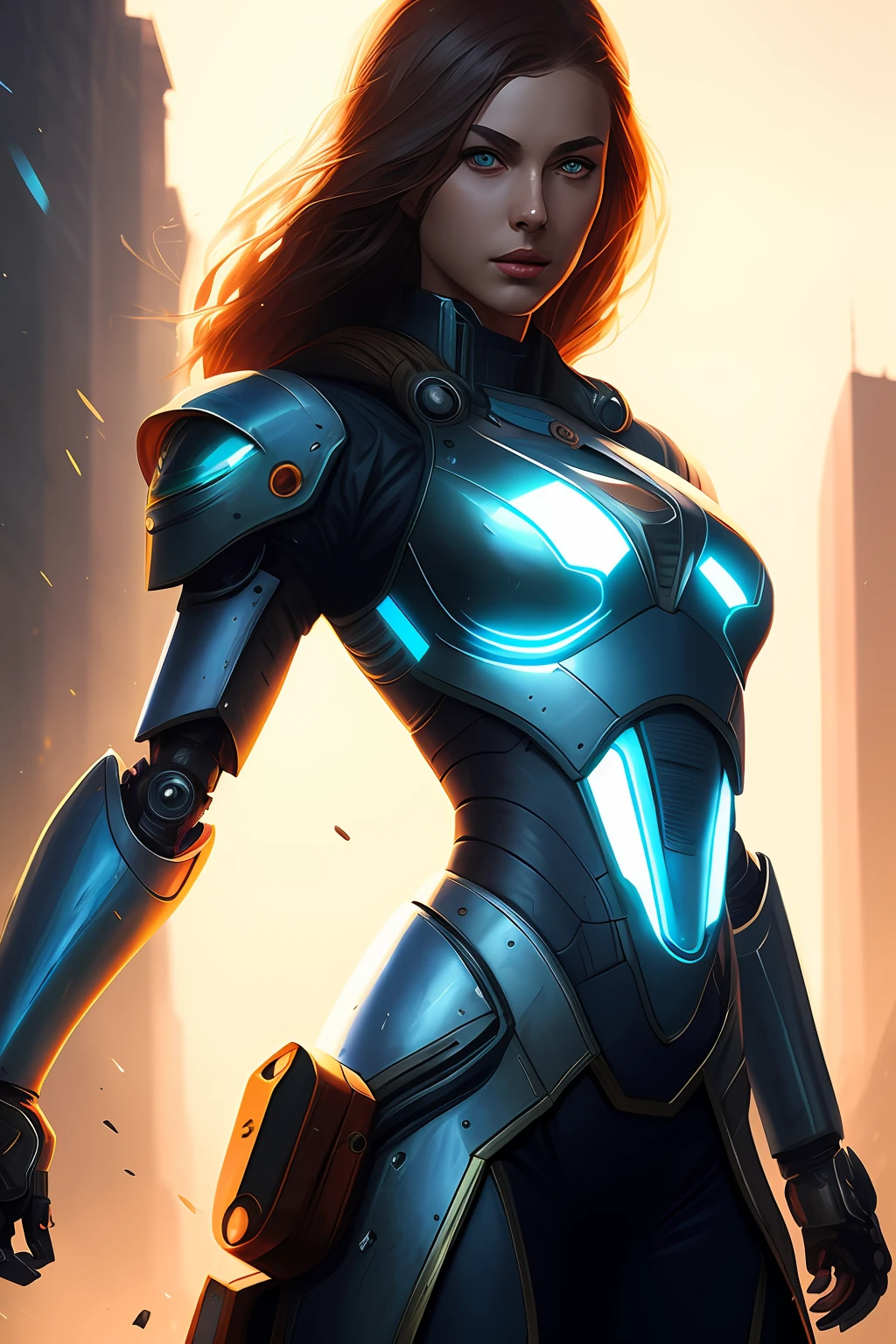 nousr robot, masterpiece, best quality, 8k, fantasy photo of beautiful female wear very skimpy blue chrome mecha armor:1.2), (perfect face:1.2), (long hair:1), photorealistic highly detailed hard surface modeling texture, wind blow, dark blue skies, sci-fi city, reflection of light, reflective lighting, sharp focus, dynamic battle pose, face focus, manga effect, by greg rutkowski and viktoria gavrilenko