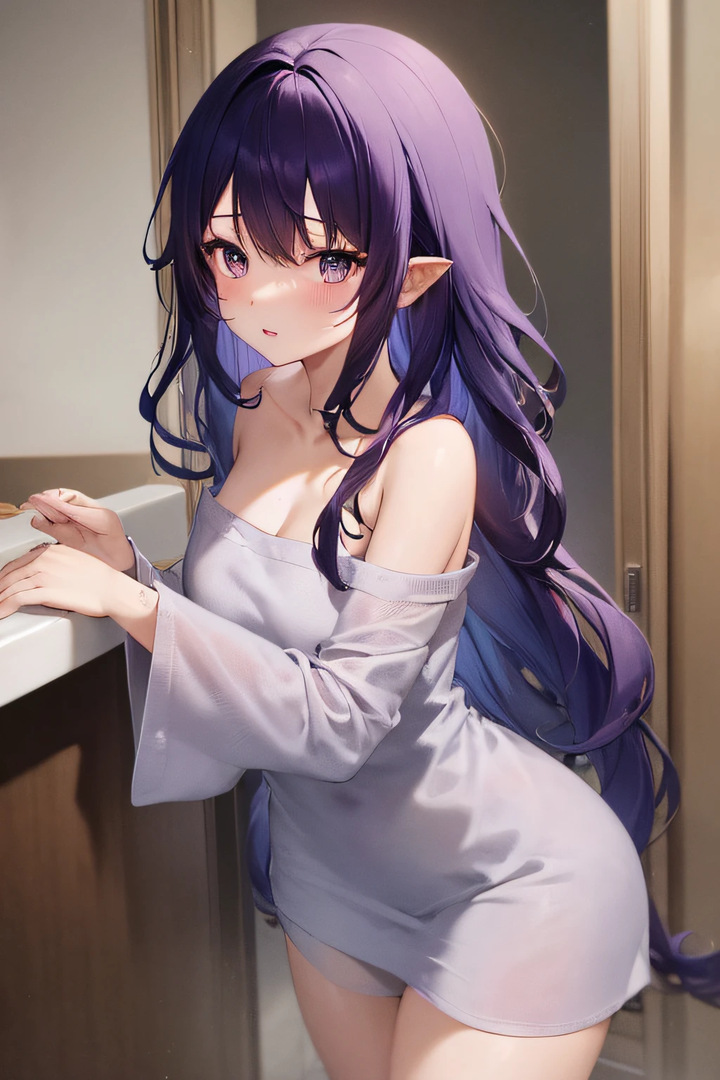 Anime girl with long light purple hair, wearing a bath towel in the bathroom, epic mage girl character, dark witch character,