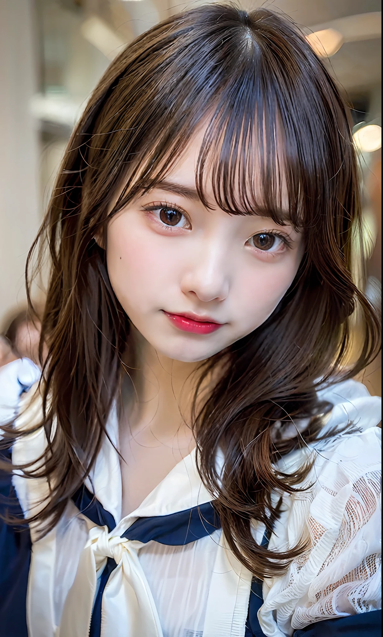 ulzzang-6500-v1.1, (Raw photo:1.2), (Photorealistic:1.4), Beautiful detailed girl, Very detailed eyes and face, Beautiful detailed eyes, Ridiculous, Incredibly ridiculous, Huge file size, Ultra detailed, High resolution, Very detailed, Best quality, Masterpiece, Kemomimi, ((Japan girls' high school sailor suit)), Illustration, Very detailed, CG, unification, 8k wallpaper, fantastic, fine details, masterpiece, best quality, highly detailed cg uniform 8k wallpaper, light on face, movie lighting, 19 year old girl, (smile)), ((dynamic pose))), ((big), (dark blue skirt), (model body type)), dark brown hair color, ponytail hairstyle, transcendent beautiful girl,