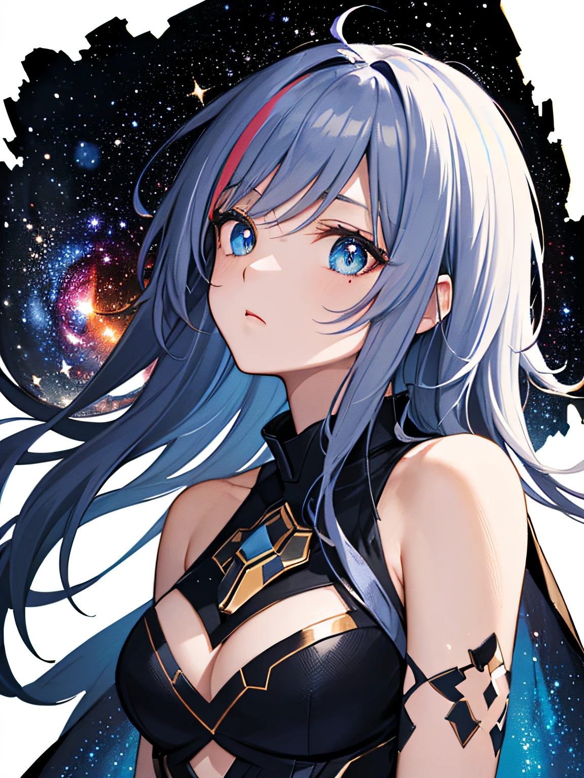 ((masterpiece)), (((best quality))), ((ultra-detailed)), ((illustration)),[realism light effect],shadow,(Fantasy style),(white background:1.6), simple background, (earth theme),(a cloak)[(hair focus,((1girl)),[(big slime hair): (cloud hair):0.3], (hair on background),(high saturation),(hair surrounded by galaxy splashes),)):((her hair is becoming galaxy clouds,:1.27628), (hair and clothes is galaxy clouds and cluster of stars:1.1025),(a cloak is becoming galaxy clouds)(colorful_galaxy_print_clusters_of_stars_print:1.35),((detailed starry sky with colorful galaxy and galaxy clouds):1.2)):0.35], (((masterpiece))),(((best quality))),((ultra-detailed)),(illustration),(dynamic angle),((floating)),(paint),((disheveled hair)),((beautiful detailed face)),collar,bare shoulders, ((colorful hair)),((streaked hair)),beautiful detailed eyes,(Gradient color eyes),(((colorful eyes))),(((colorful background))),(((high saturation))),(((surrounded by colorful splashes))),(((surrounded by colorful dot))),colorful bubble,((shining)),
