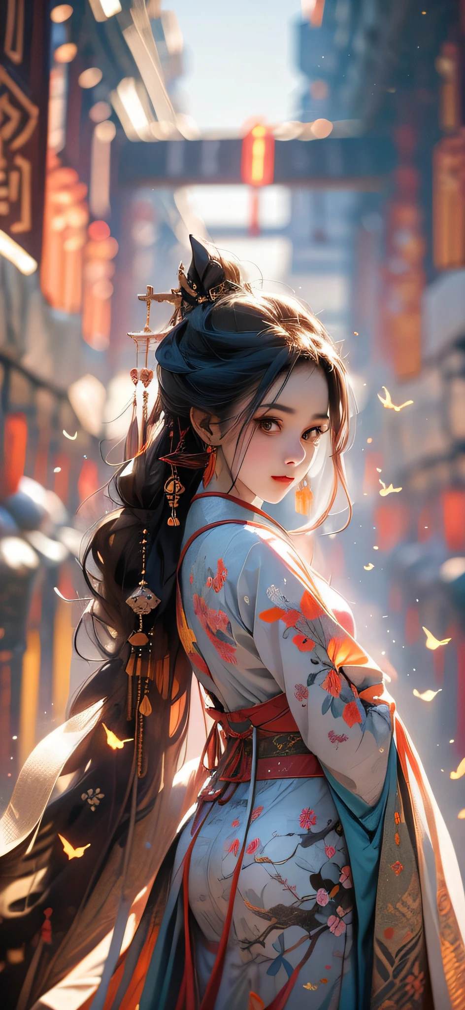 Masterpiece, best quality, side light, lens flare, ray tracing, sharp focus, dressed in Hanfu, a girl, dancing under the peach blossoms