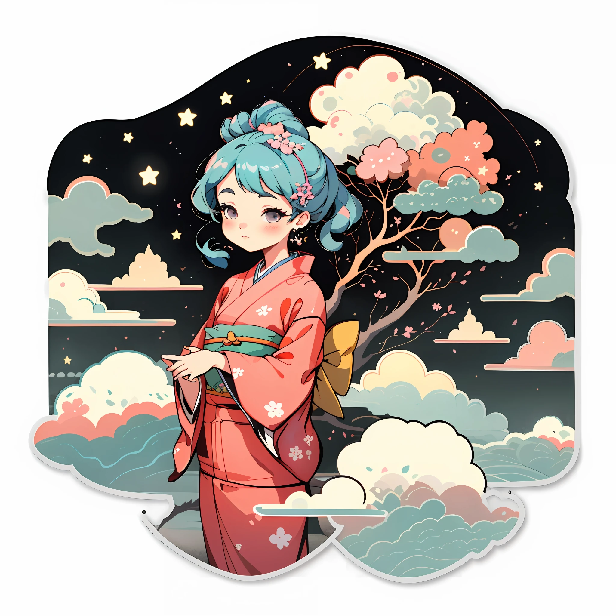 1 sticker, sticker, nikkaze, (cute girl), (gorgeous kimono), (gorgeous hair accessory), (Japanese traditional hairstyle), cherry blossoms, clouds, behind is a huge round moon, stars, white background, no background, simple background, minimal, cute, tiny, pastel color, vector style, no gradient