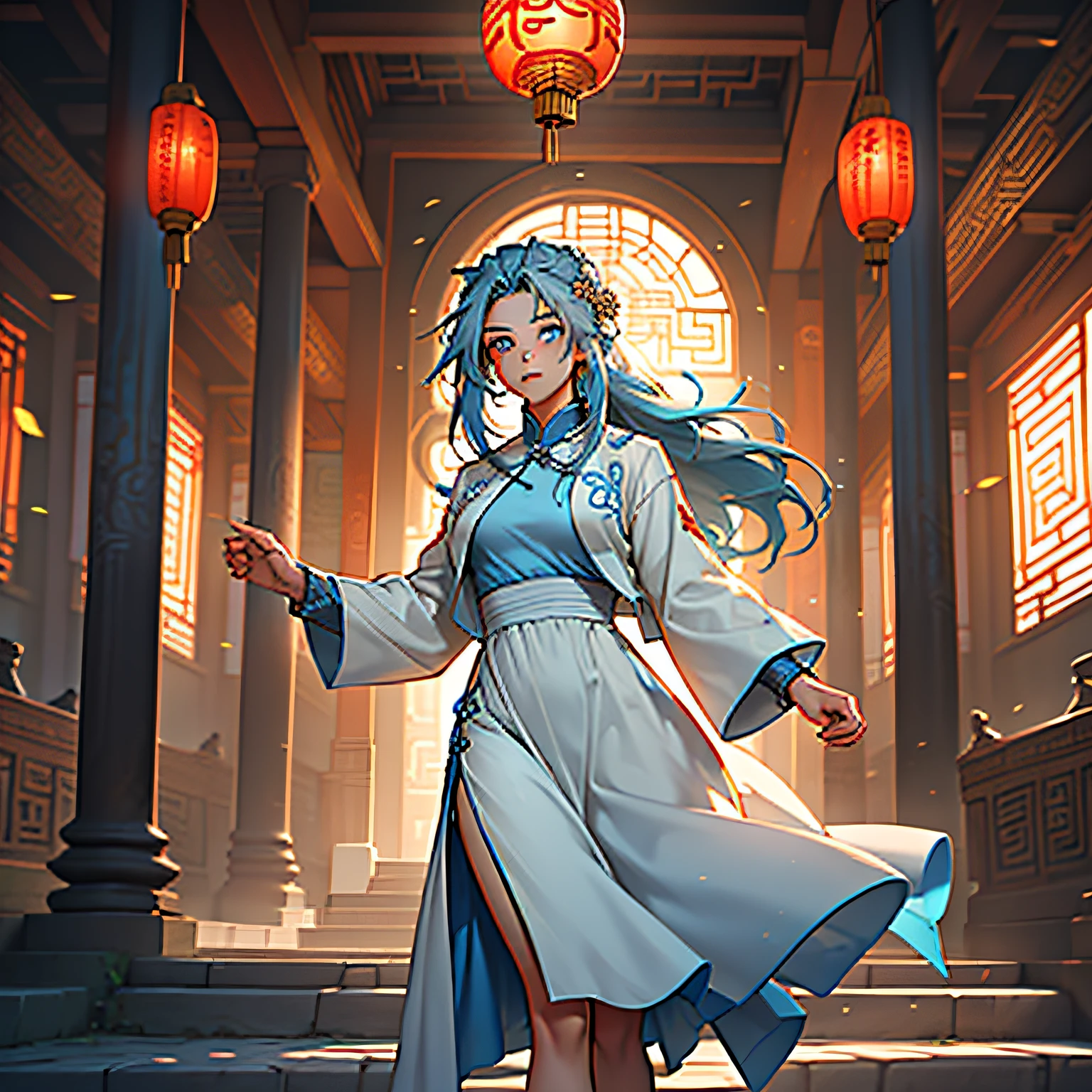 39. (5 people) (a group of mi(((agirl))), (((Blue Eyes))),(((Long Blue hair))),Light blue dress with white light gauze jacket, young woman graceful and dignified,le-aged Han clothes are shocked) (background: in the sacred, resplendent palace hall of ancient China).