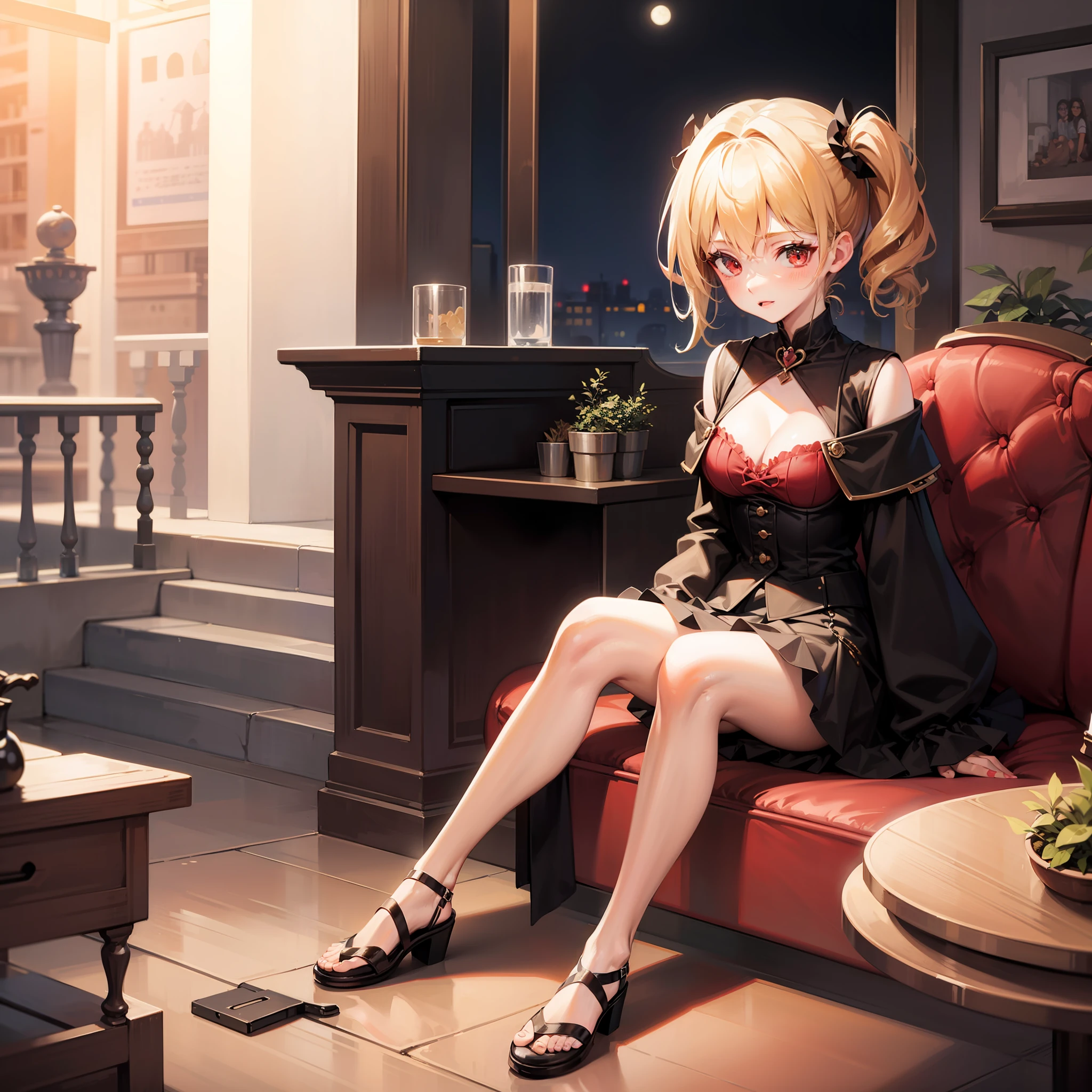 blonde, red eyes, one girl, anime, dress, moon, vampire, sitting