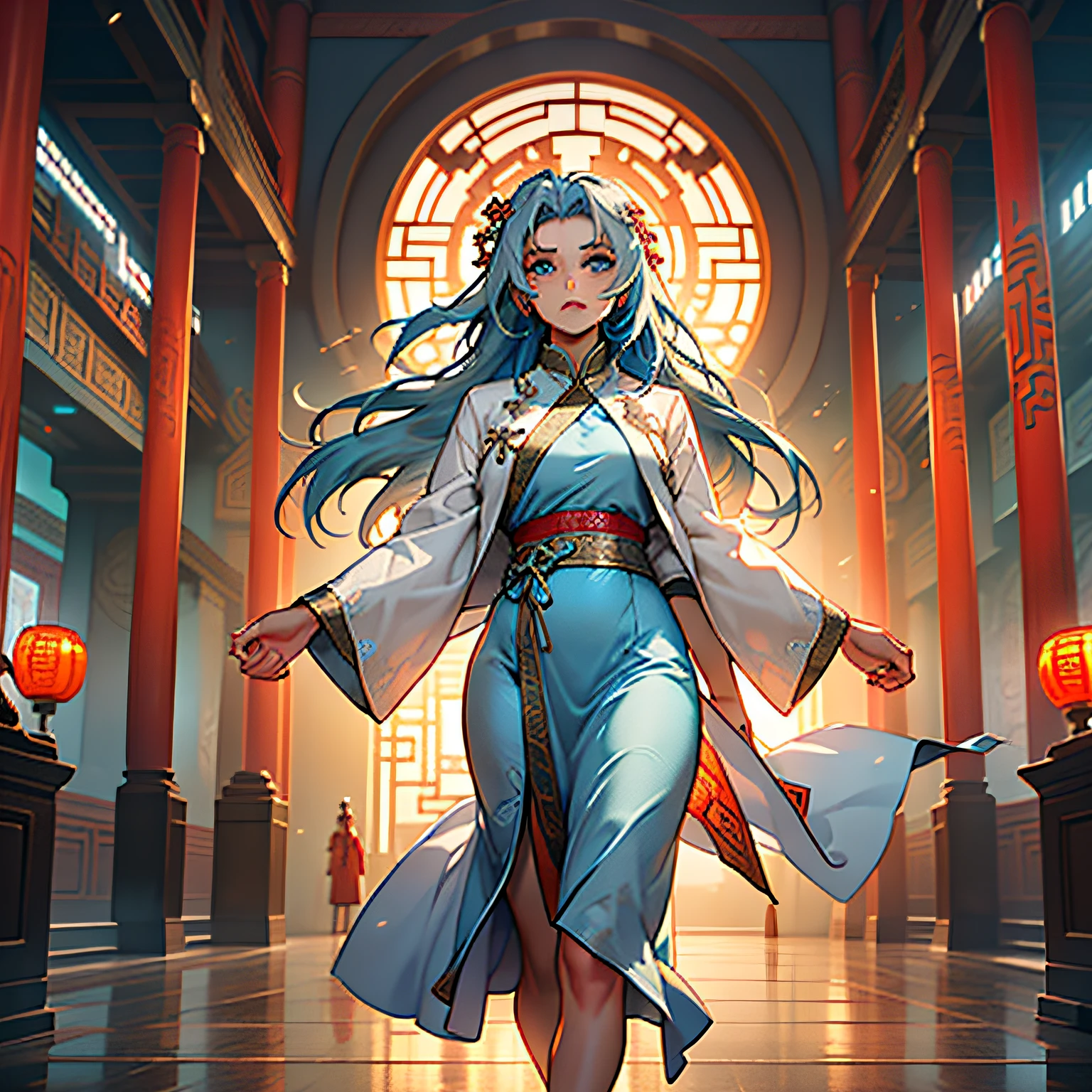 39. (5 people) (a group of mi(((agirl))), (((Blue Eyes))),(((Long Blue hair))),Light blue dress with white light gauze jacket, young woman graceful and dignified,le-aged Han clothes are shocked) (background: in the sacred, resplendent palace hall of ancient China).