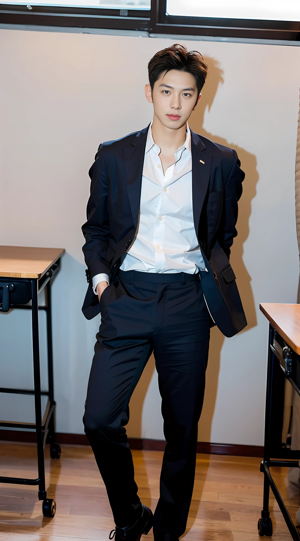 (Handsome Chinese guy: 1.5), two men lying on classroom desk, realistic photo, wearing formal clothes, textured skin, looking at the camera, 18 year old boy, studio, danshi koukousei, model, long legs queer academy, muscle character, perfect shadow body, gigachad muscle, trend in cgstation, hero male pose,