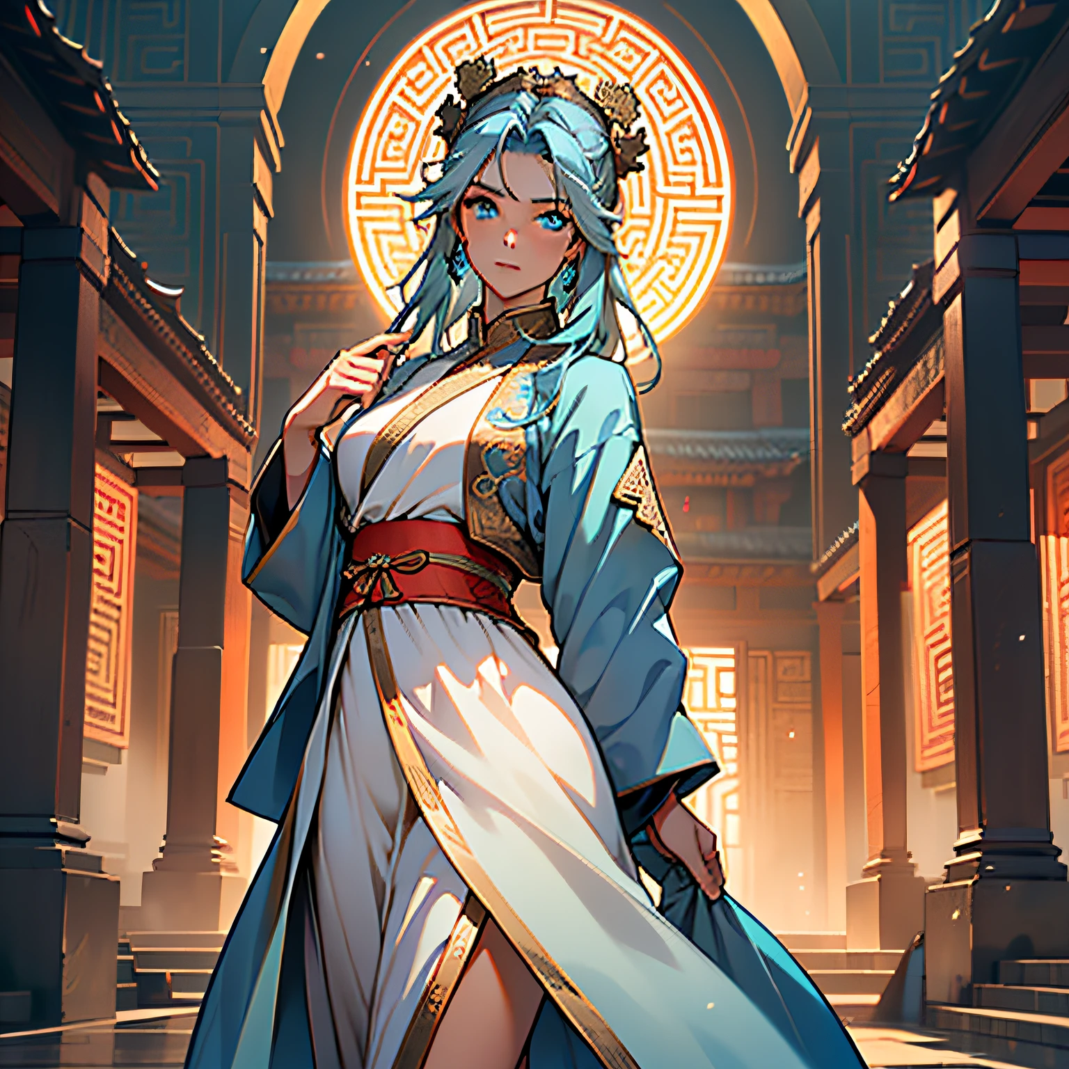 39. (5 people) (a group of mi(((agirl))), (((Blue Eyes))),(((Long Blue hair))),Light blue dress with white light gauze jacket, young woman graceful and dignified,le-aged Han clothes are shocked) (background: in the sacred, resplendent palace hall of ancient China).
