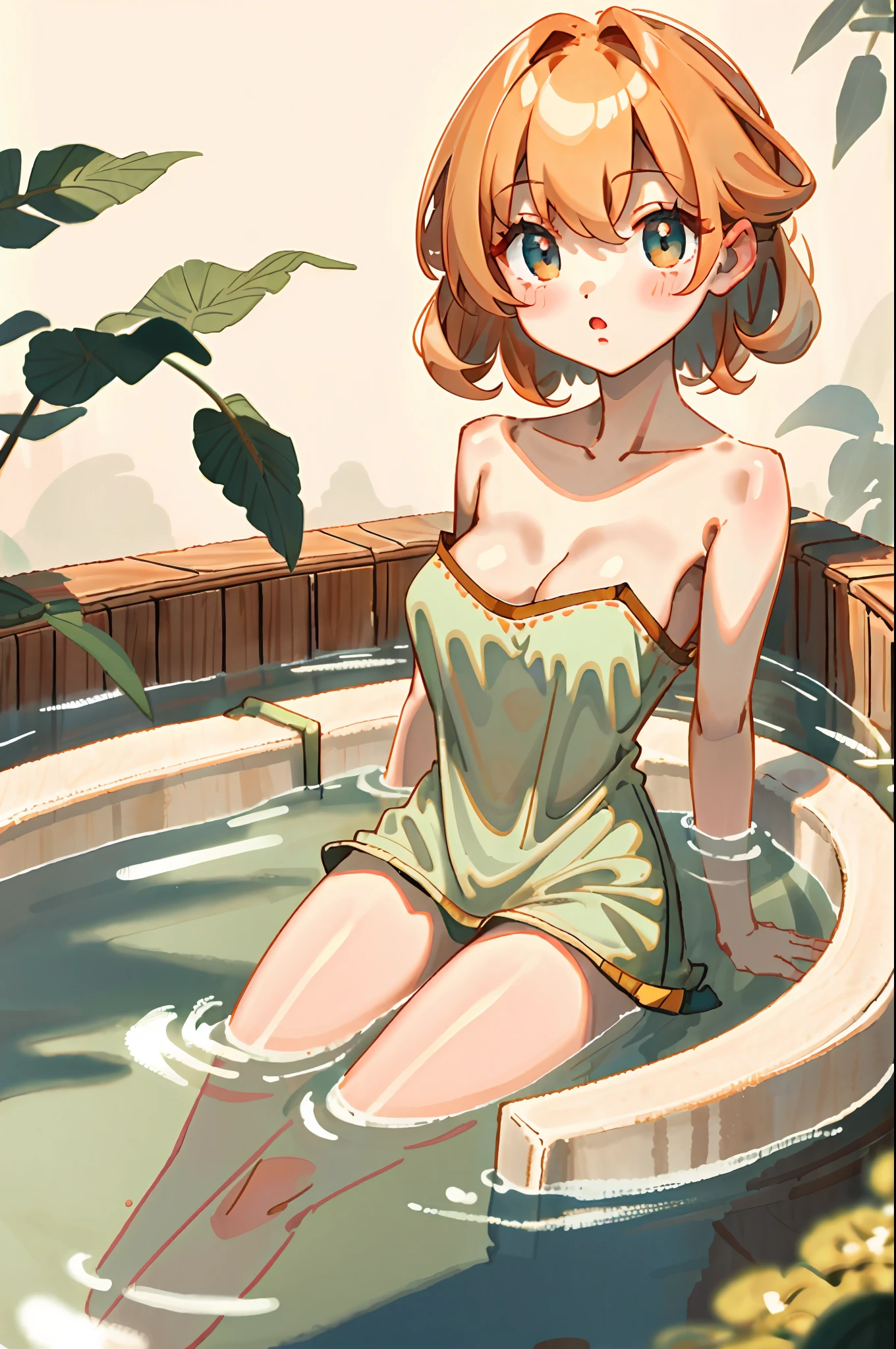 1 Girl, orange, bathing, bare breast,medium sized breasts