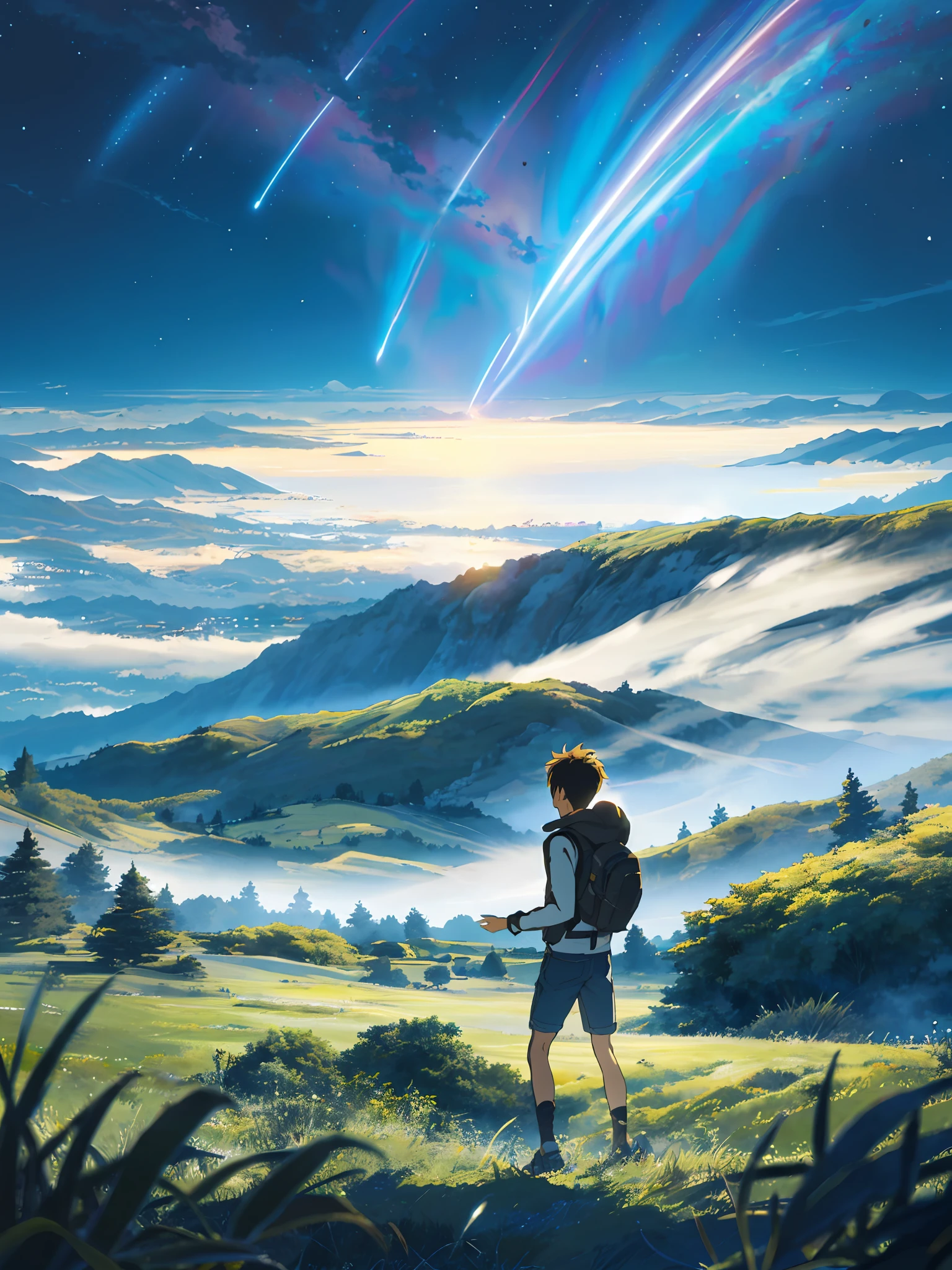 Vast sky, beautiful skyline, large grasslands, intense and dramatic pictures, moving visuals, hanging north stars, colorful natural light. Long sleeve top denim shorts back backpack boy