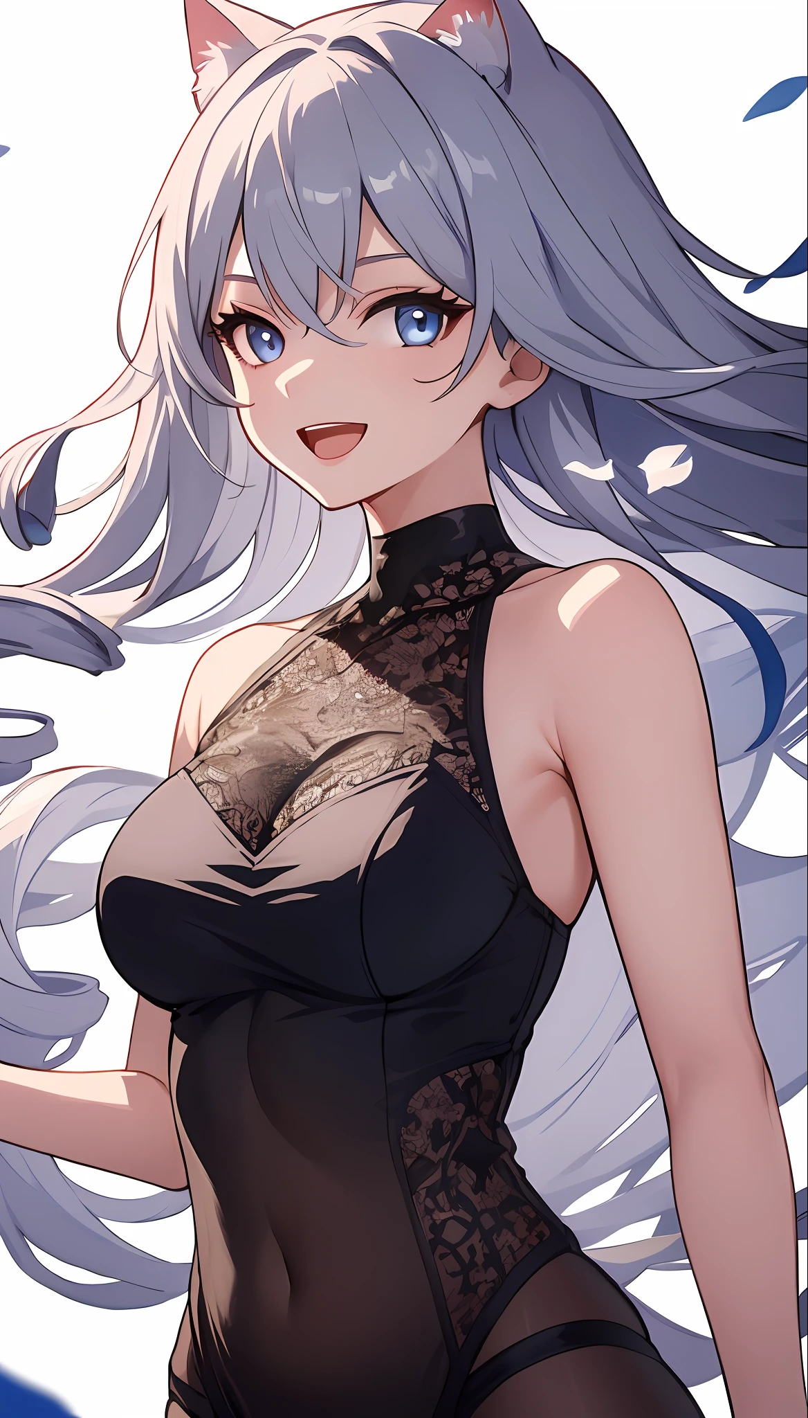 (masterpiece), (best quality), (ultra detailed),(disheveled hair),(illustration), (1girl), (Fashionable clothing), standing, Fashion model, looking at viewer, (interview), (simple background),beautiful detailed eyes, delicate beautiful face, Floating,(high saturation),(colorful splashes),colorful bubble,(shining), focus on upper body, drill hair, bronya, silver hair, bangs, hair ring, floating flowers, floating hairs, (shining), best lighting, best shadow, moderate breast, cat ears, open white silk negligee dress, no underwear, see through negligee, happy smile, open mouth