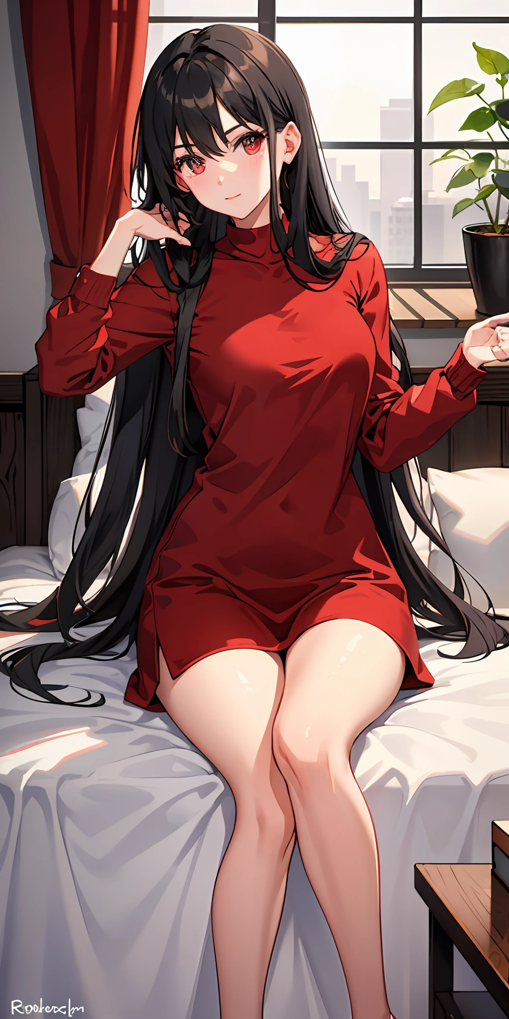 Female, Love myself excessively, Beautiful, Kind, Caring, Shy, Red eye color, Red shirt, Long black hair