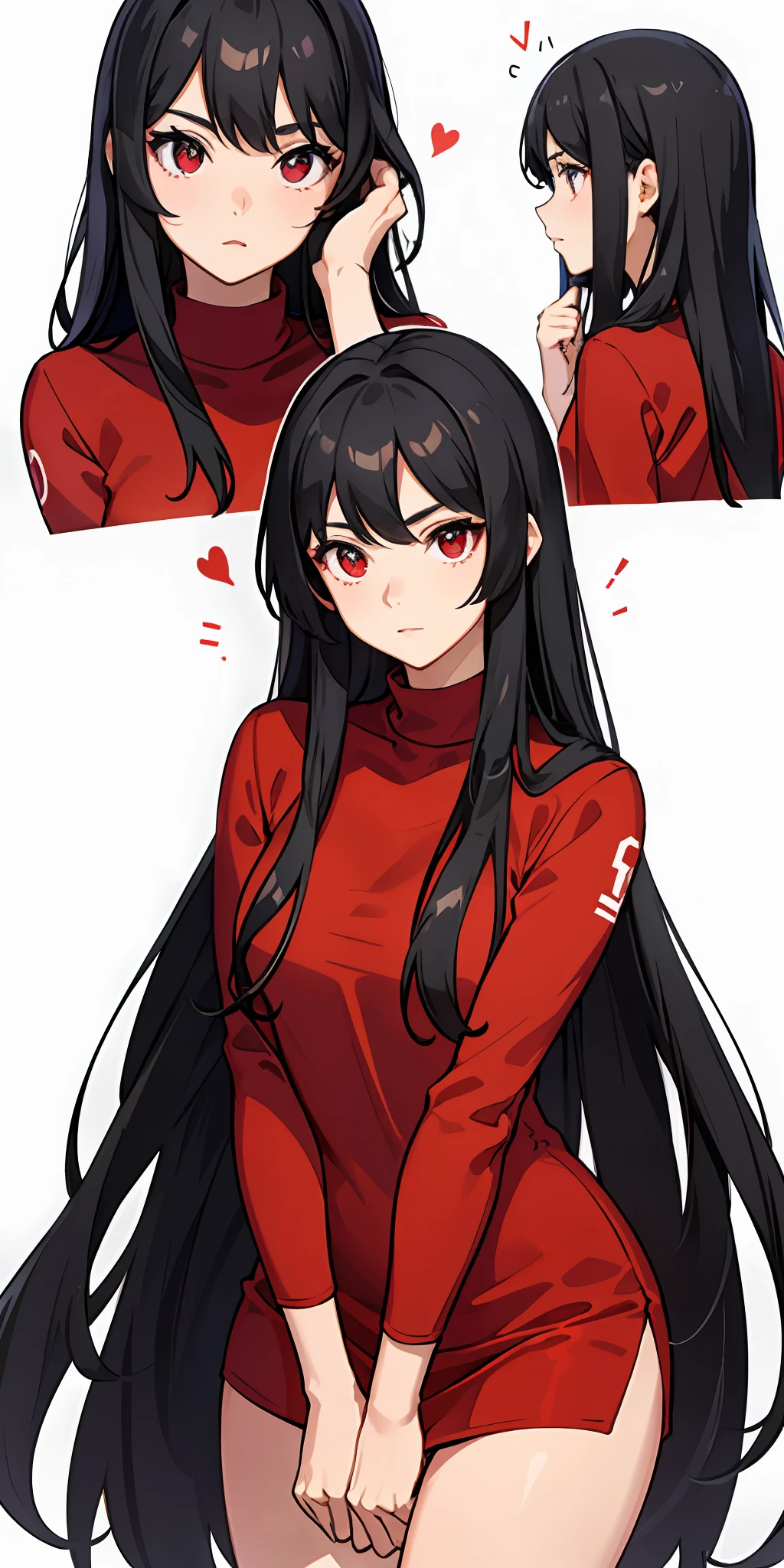 Female, Love myself excessively, Beautiful, Kind, Caring, Shy, Red eye color, Red shirt, Long black hair