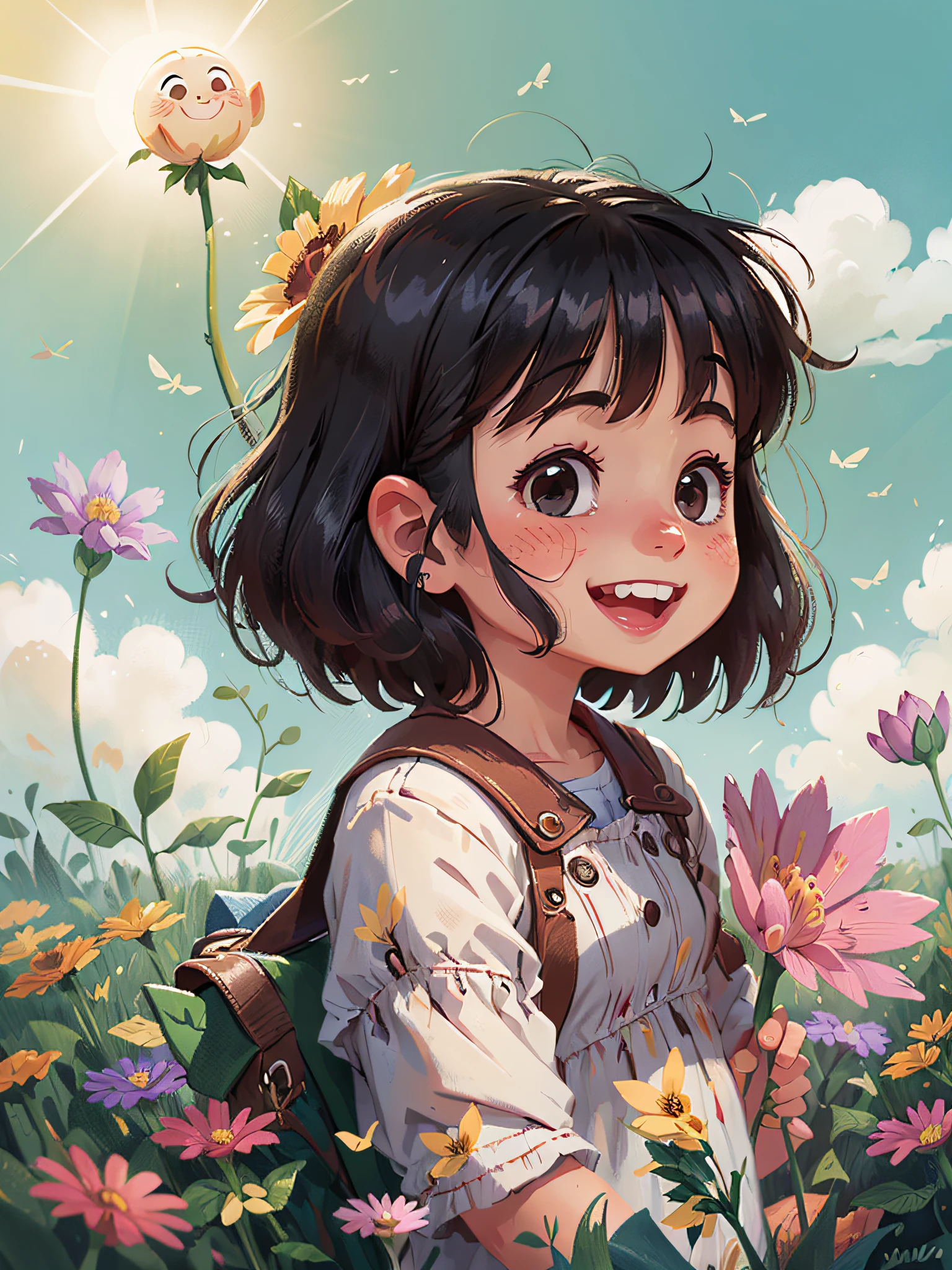 A  with black hair was in the rainbow-colored field, smiling widely, holding flowers in her hand, shining in the backlight, and the sun was shining.