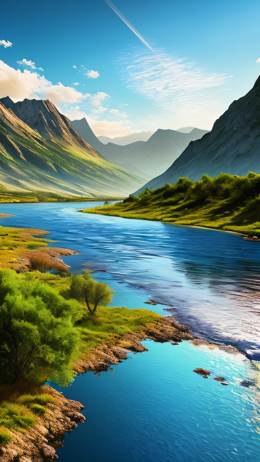 Cloudy sky, sun rays, noon, mountains and rivers with clear blue water, 4k, surrealism