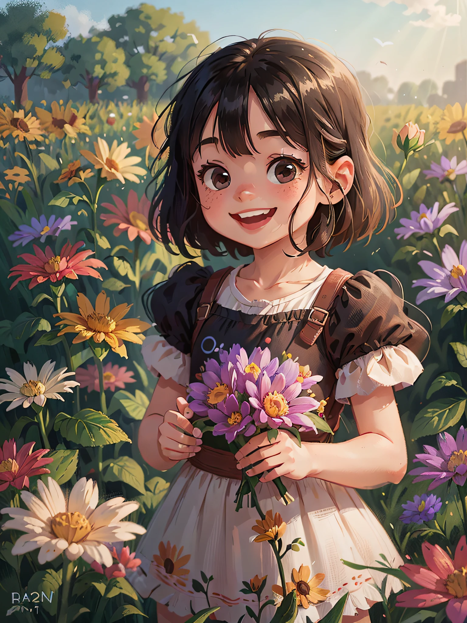 A little girl with black hair was in the rainbow-colored field, smiling widely, holding flowers in her hand, shining in the backlight, and the sun was shining.