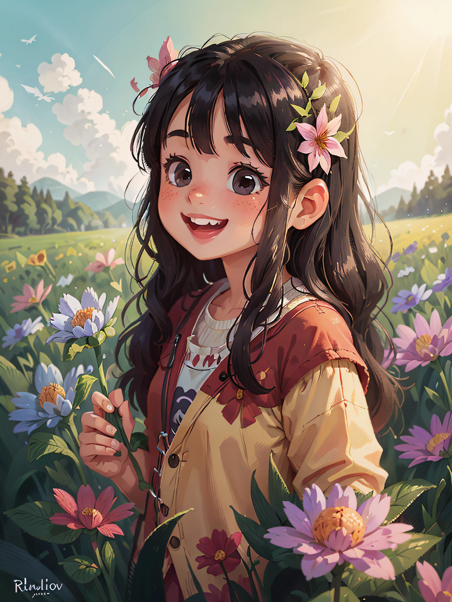 A little girl with black hair was in the rainbow-colored field, smiling widely, holding flowers in her hand, shining in the backlight, and the sun was shining.