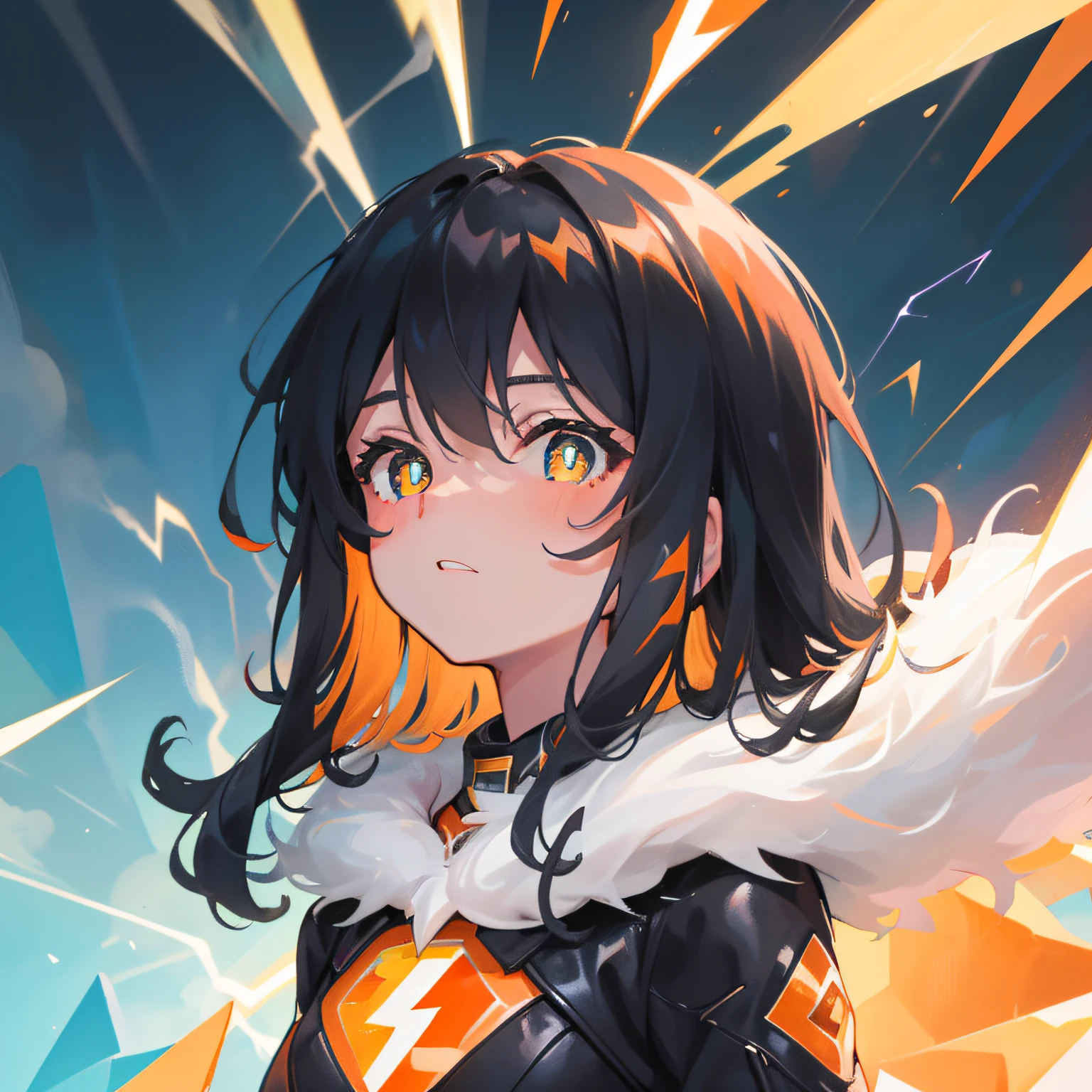 one girl,(Long Black Hair,orange pupils:1.2),Black and orange racing suits,((An orange geometric lightning bolt in the background)),comic,Beautiful face,Handsome,cruel,((Polar Krypton))