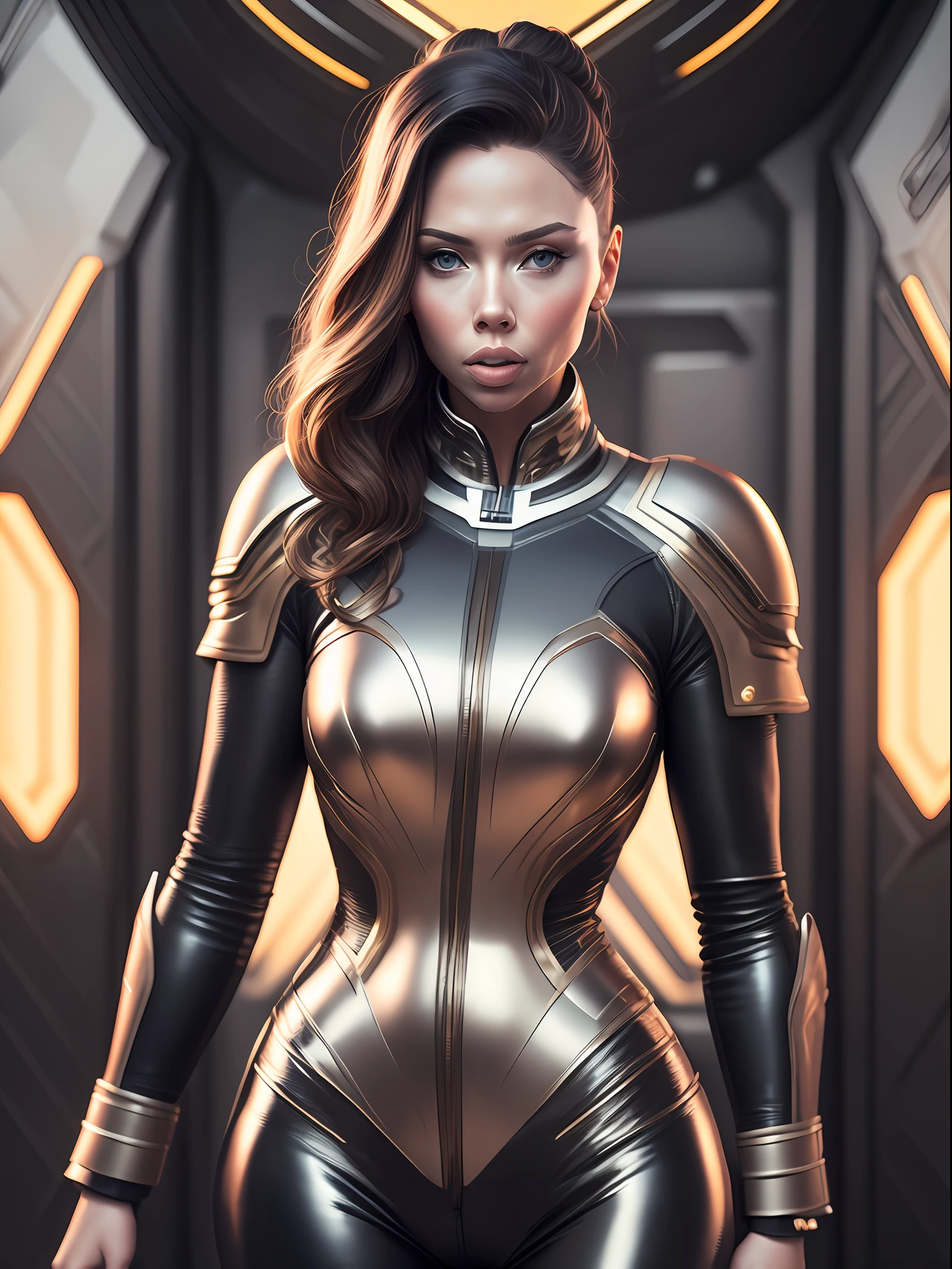 Scarlet Johansson in a leather suit with a unique pattern, against the background of the interior of the space shuttle