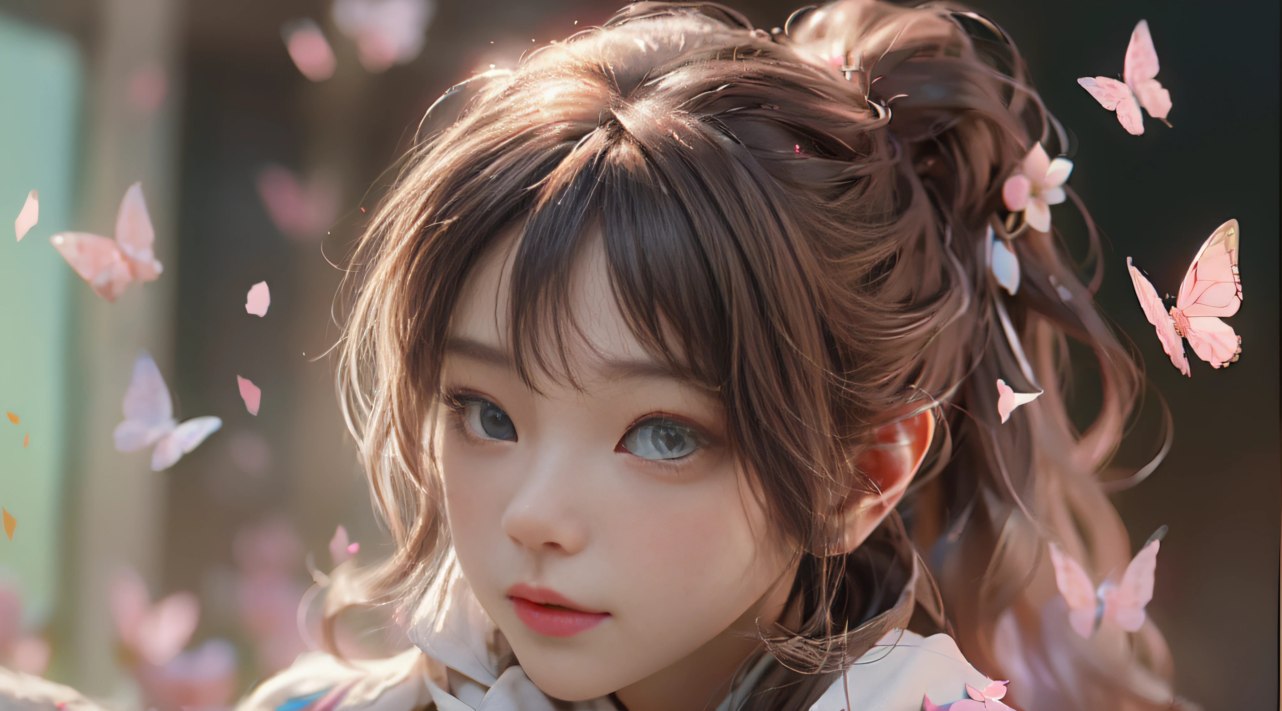 ((Best Quality)), ((Masterpiece)), (Detail: 1.4), 3D, Beautiful Cyberpunk Female Image, HDR (High Dynamic Range), Ray Tracing, NVIDIA RTX, Super Resolution, Unreal 5, Subsurface Scattering, PBR Texture, Post-Processing, Anisotropic Filtering, Depth of Field, Maximum Sharpness and Sharpness, Multi-layer Texture, Albedo and Highlight Mapping, Surface Coloring, Mitsu-Accurate Simulation of Material Interactions, Perfect Proportions, Octane Rendering, Two-color Light, Large Aperture, Low ISO, white balance, regular three-point, 8K RAW, beautiful bright pupils, flowing robes, fine pupils, delicate face and eyes, long eyelashes, blush, fluffy hair, pink lips, pure, cute, cherry blossom petals falling
