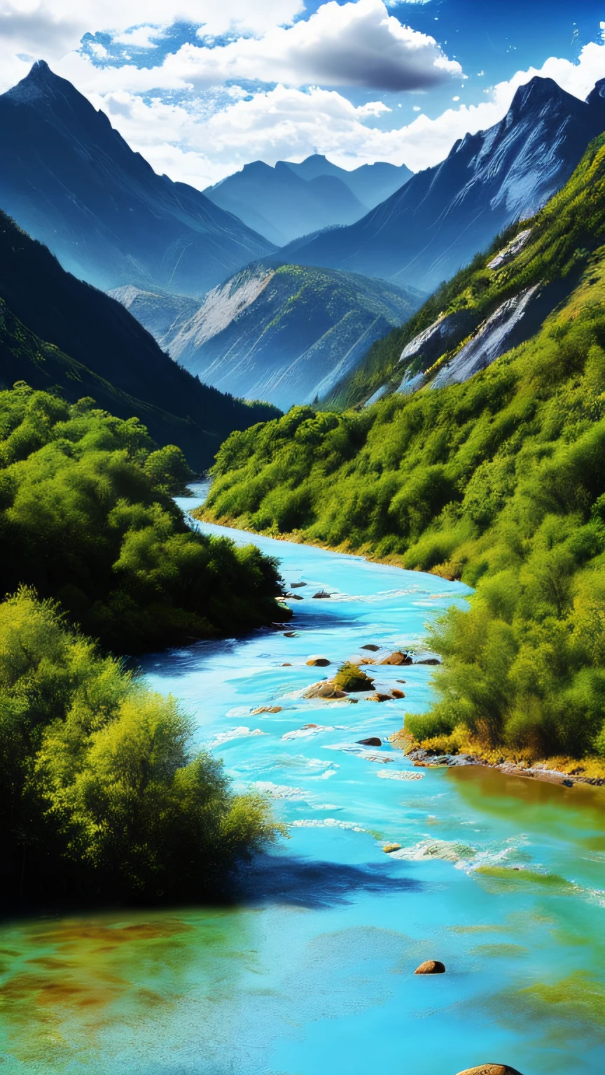 Cloudy sky, sun rays, noon, mountains and rivers with clear blue water, 4k, surrealism