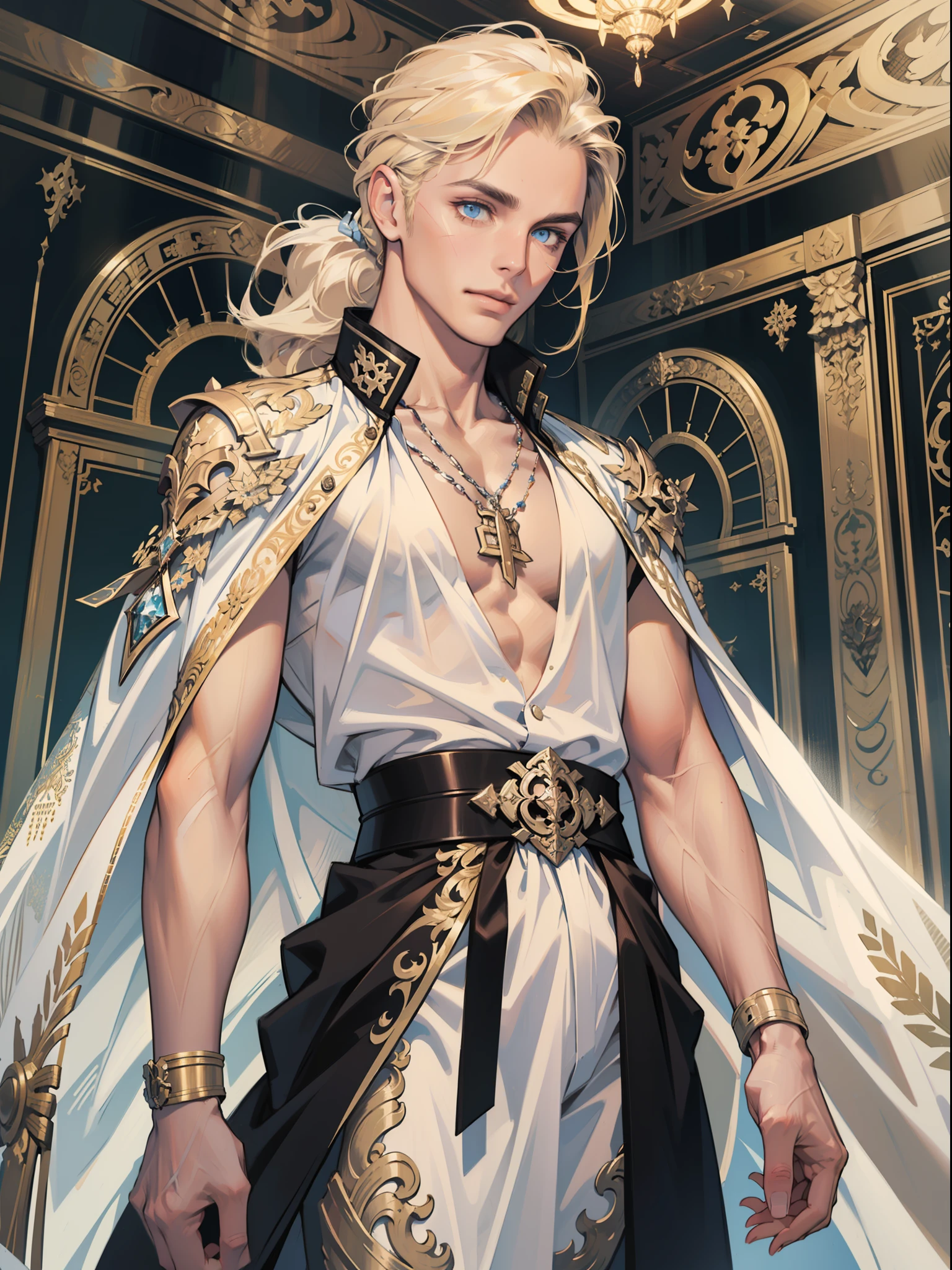 (masterpiece, absurdres, highres, ultra detailed), 1man, wavy blonde hair, blue eyes, ponytail, perfect face, male focus, femboy, flat chest, bulge, androgynous, detailed eyes and face, slight smile, full body shot, ((best quality)), ((masterpiece)), (detailed), realistic eyes, alluring male, ethereal beauty, (fantasy illustration:1.3), enchanting gaze, captivating pose, solo (boy), delicate, otherworldly charm, soft colors, belted velvet robe, see through cloths, intricate details, cinematic lightning, depth of field, action packed,