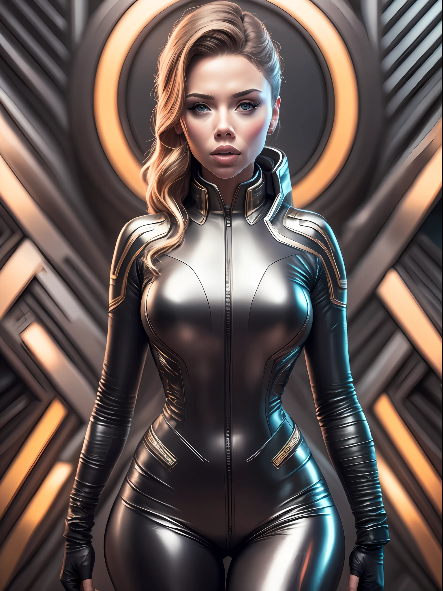 Scarlet Johansson in a leather suit with a unique pattern, against the background of the interior of the space shuttle