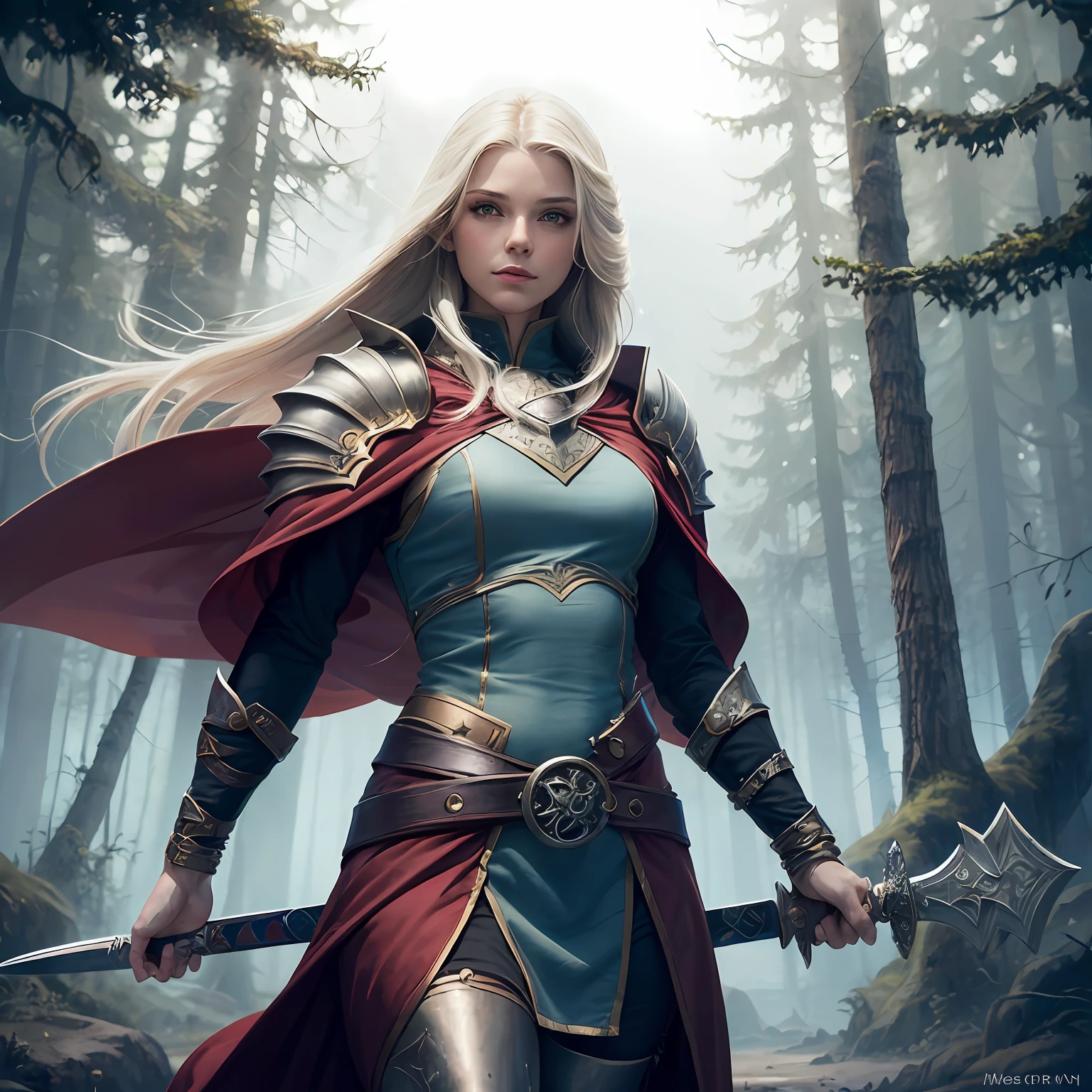 portrait of a aasimar, (dnd art, fantasy art, masterpiesce best quality), cleric, (dnd art, fantasy art, masterpiesce best quality), with a long braided blond hair, (dnd art, fantasy art, Masterpiece, best quality) , heavy white armor , (dnd art, fantasy art, masterpiesce best quality) armed in the right hand with a long sword with runes (Masterpiece, best quality) casting a spell (dnd art, Masterpiece, best quality), wearing cloak (red, flowing) , in a fantasy dark forest at night background , (dnd art, fantasy art, Masterpiece, best quality)