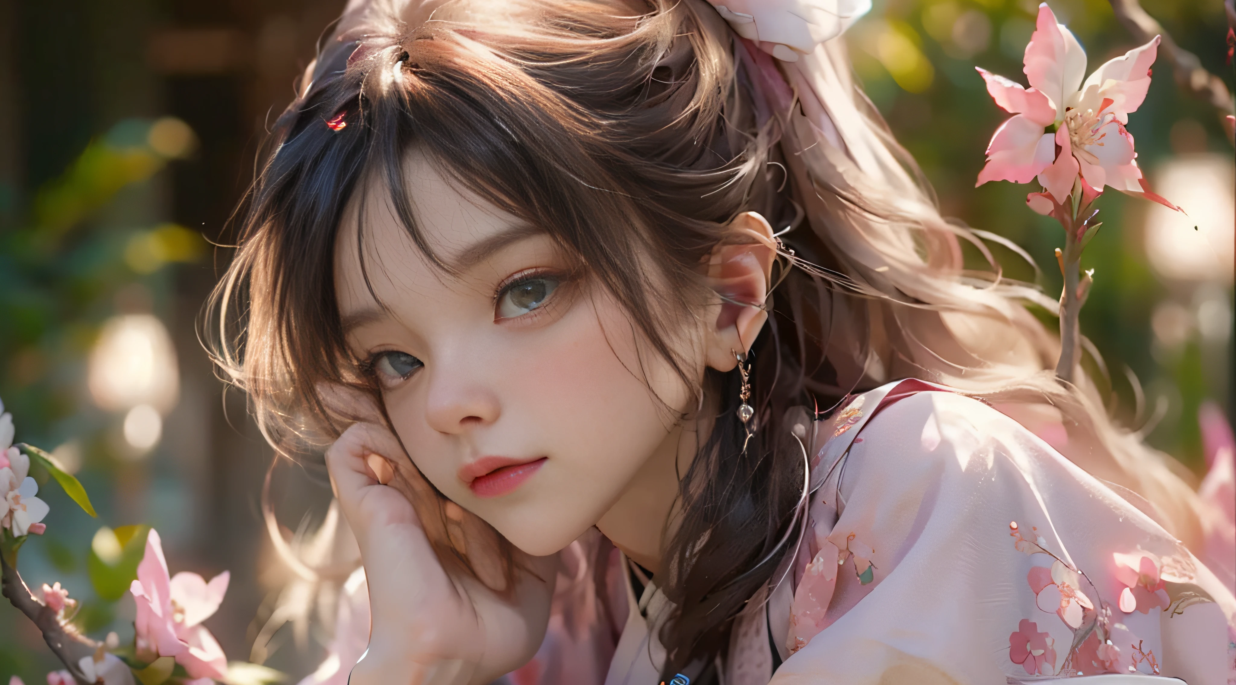 ((Best Quality)), ((Masterpiece)), (Detail: 1.4), 3D, Beautiful Cyberpunk Female Image, HDR (High Dynamic Range), Ray Tracing, NVIDIA RTX, Super Resolution, Unreal 5, Subsurface Scattering, PBR Texture, Post-Processing, Anisotropic Filtering, Depth of Field, Maximum Sharpness and Sharpness, Multi-layer Texture, Albedo and Highlight Mapping, Surface Coloring, Mitsu-Accurate Simulation of Material Interactions, Perfect Proportions, Octane Rendering, Two-color Light, Large Aperture, Low ISO, white balance, regular three-point, 8K RAW, beautiful bright pupils, flowing robes, fine pupils, delicate face and eyes, long eyelashes, blush, fluffy hair, pink lips, pure, cute, cherry blossom petals falling