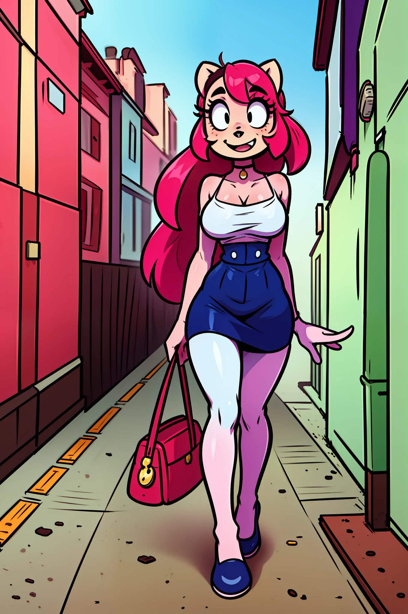 catgirl, furry, toon, cartoon, pink hair, walking,, lion tail