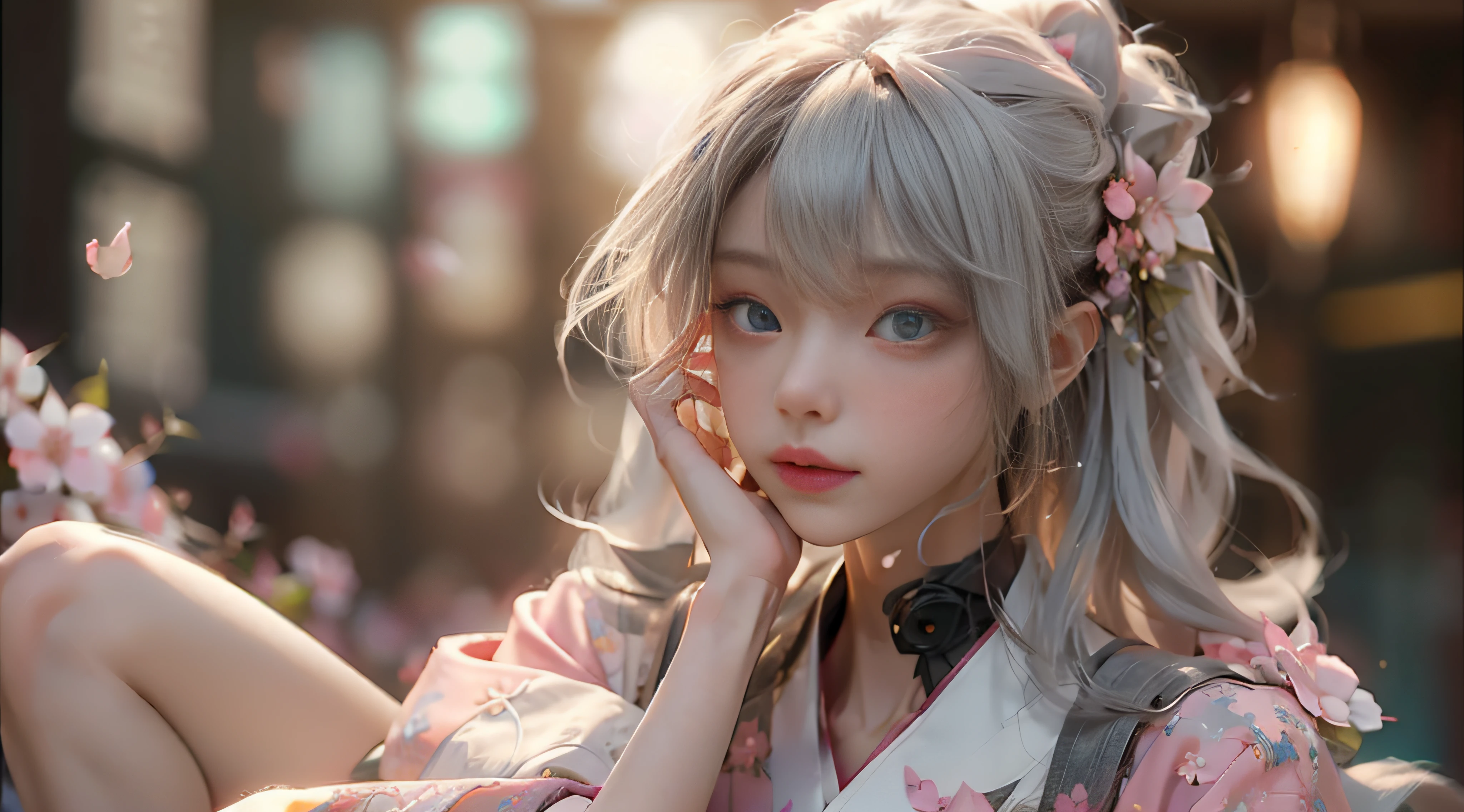 ((Best Quality)), ((Masterpiece)), (Detail: 1.4), 3D, Beautiful Cyberpunk Female Image, HDR (High Dynamic Range), Ray Tracing, NVIDIA RTX, Super Resolution, Unreal 5, Subsurface Scattering, PBR Texture, Post-Processing, Anisotropic Filtering, Depth of Field, Maximum Sharpness and Sharpness, Multi-layer Texture, Albedo and Highlight Mapping, Surface Coloring, Mitsu-Accurate Simulation of Material Interactions, Perfect Proportions, Octane Rendering, Two-color Light, Large Aperture, Low ISO, white balance, regular three-point, 8K RAW, beautiful bright pupils, flowing robes, fine pupils, delicate face and eyes, long eyelashes, blush, fluffy hair, pink lips, pure, cute, cherry blossom petals falling