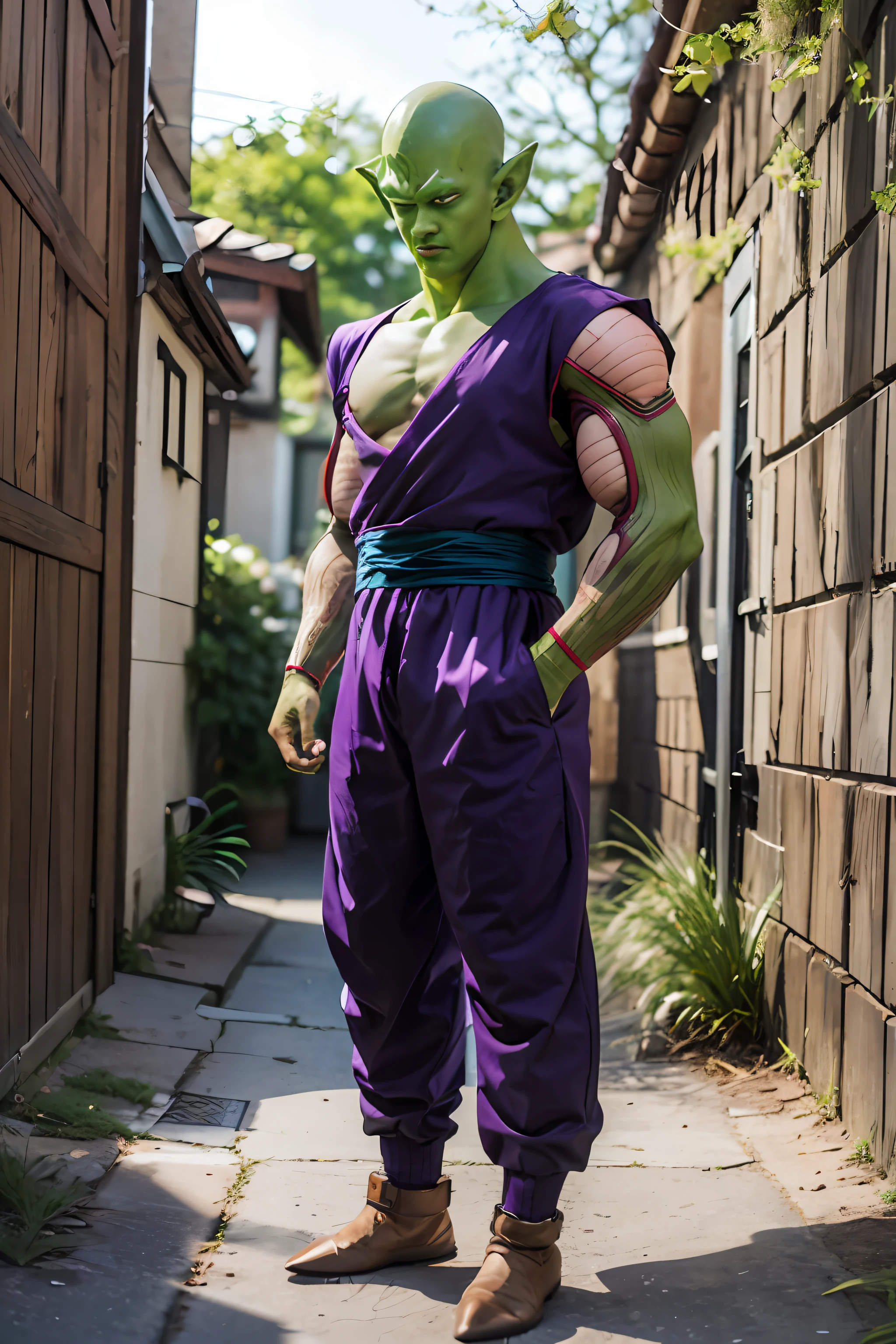 masterpiece, best quality, realistic, photorealistic, 8k, piccolo, 1boy, male focus, solo, standing, pointy ears, (purple dougi), green skin, oni horns, purple pants, closed mouth, looking at viewer, ((bald)), arms at sides, pink patches, black eyes, blue sash, deep and dark background.