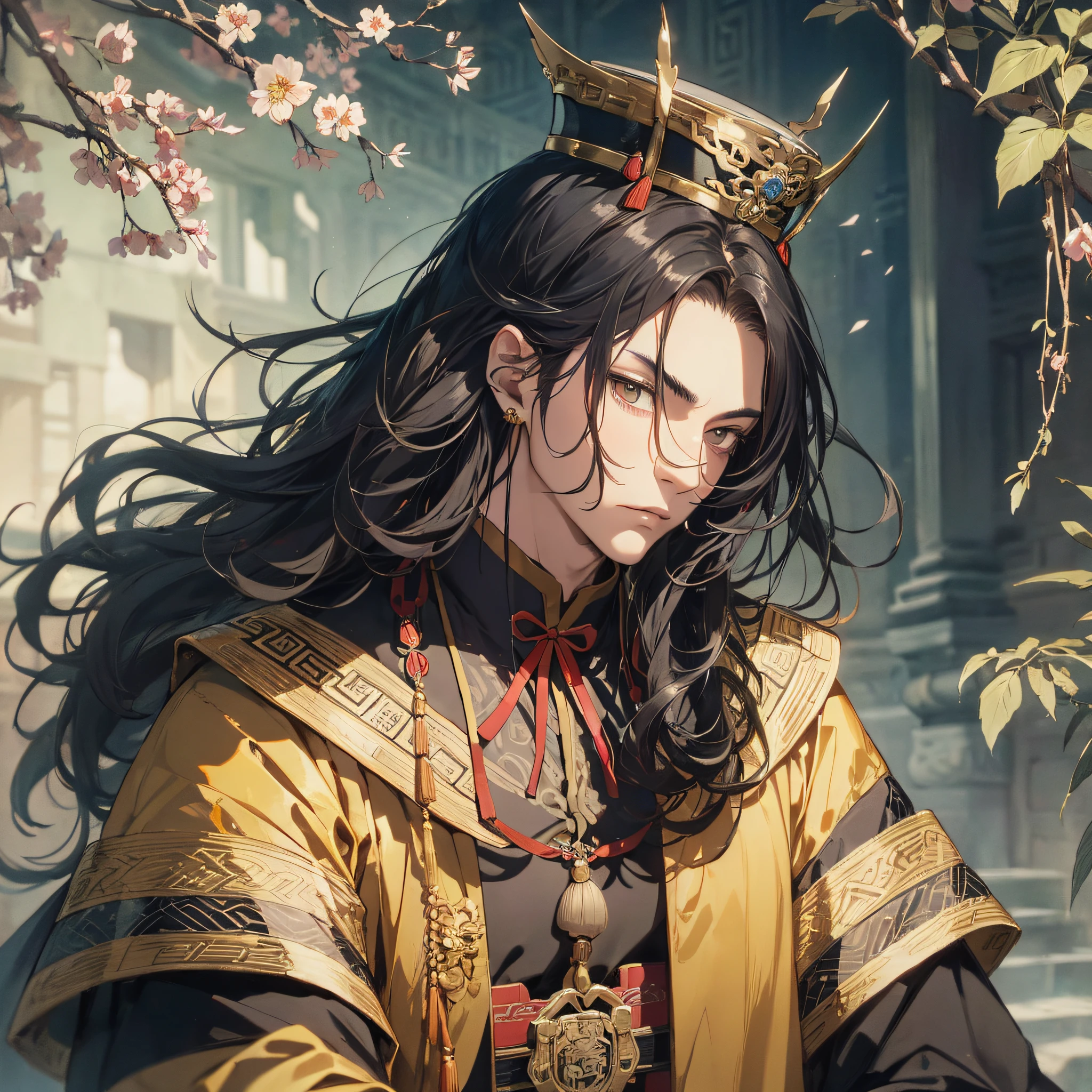Absurd resolution, high resolution, (masterpiece: 1.4), hyper-detail, ancient China, inside a gorgeous palace, black long-haired young emperor man (1.5), wearing a yellow robe, with a serious expression,