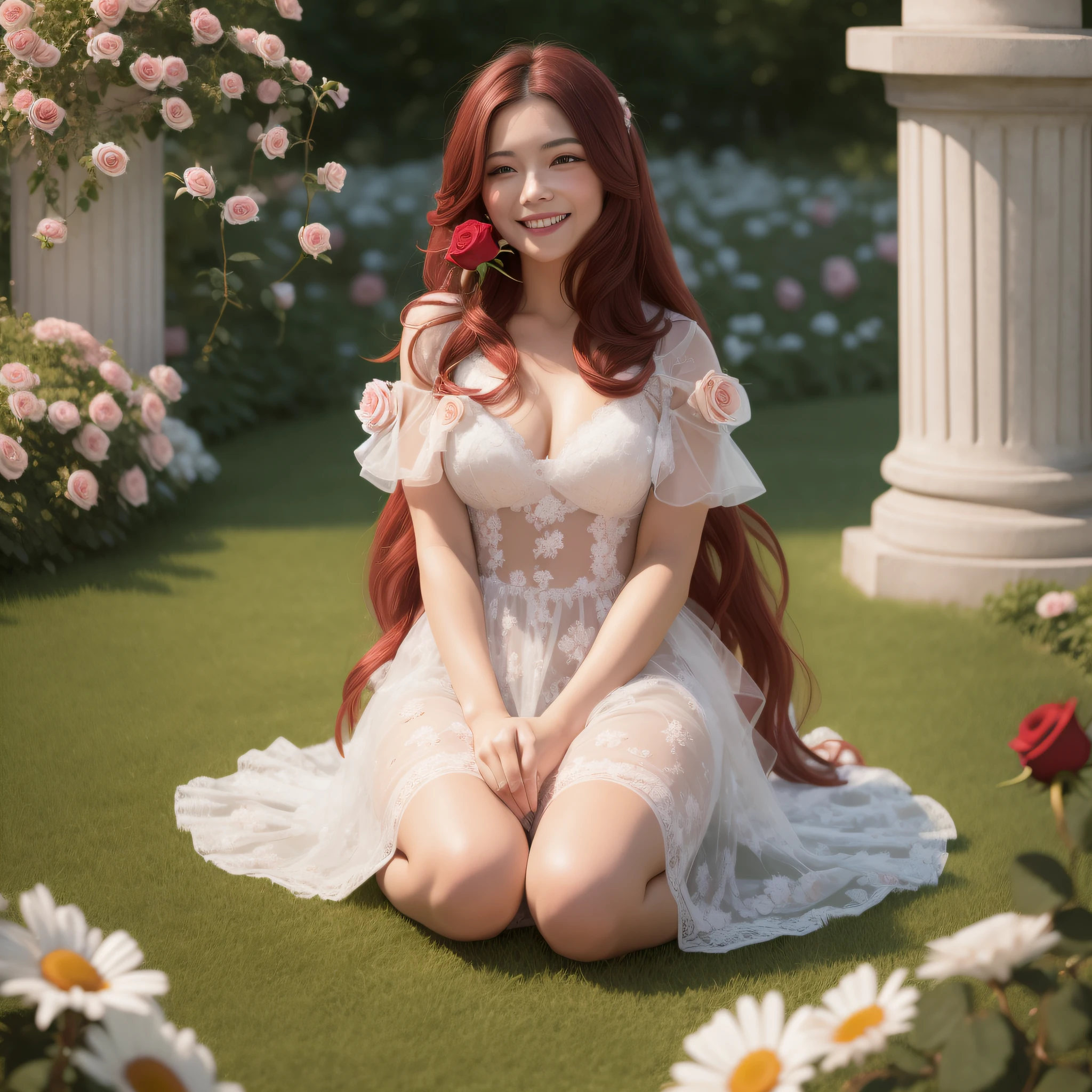 masterpiece. Pretty woman with long hair. Red hair. happy face. ((smelling a daisy)). kneeling in a ((Rose Garden:1.3)). blurred background. Dressed in a white dress of vaporous chiffon. Photorealistic, Hyperdetailed, High Quality'8K