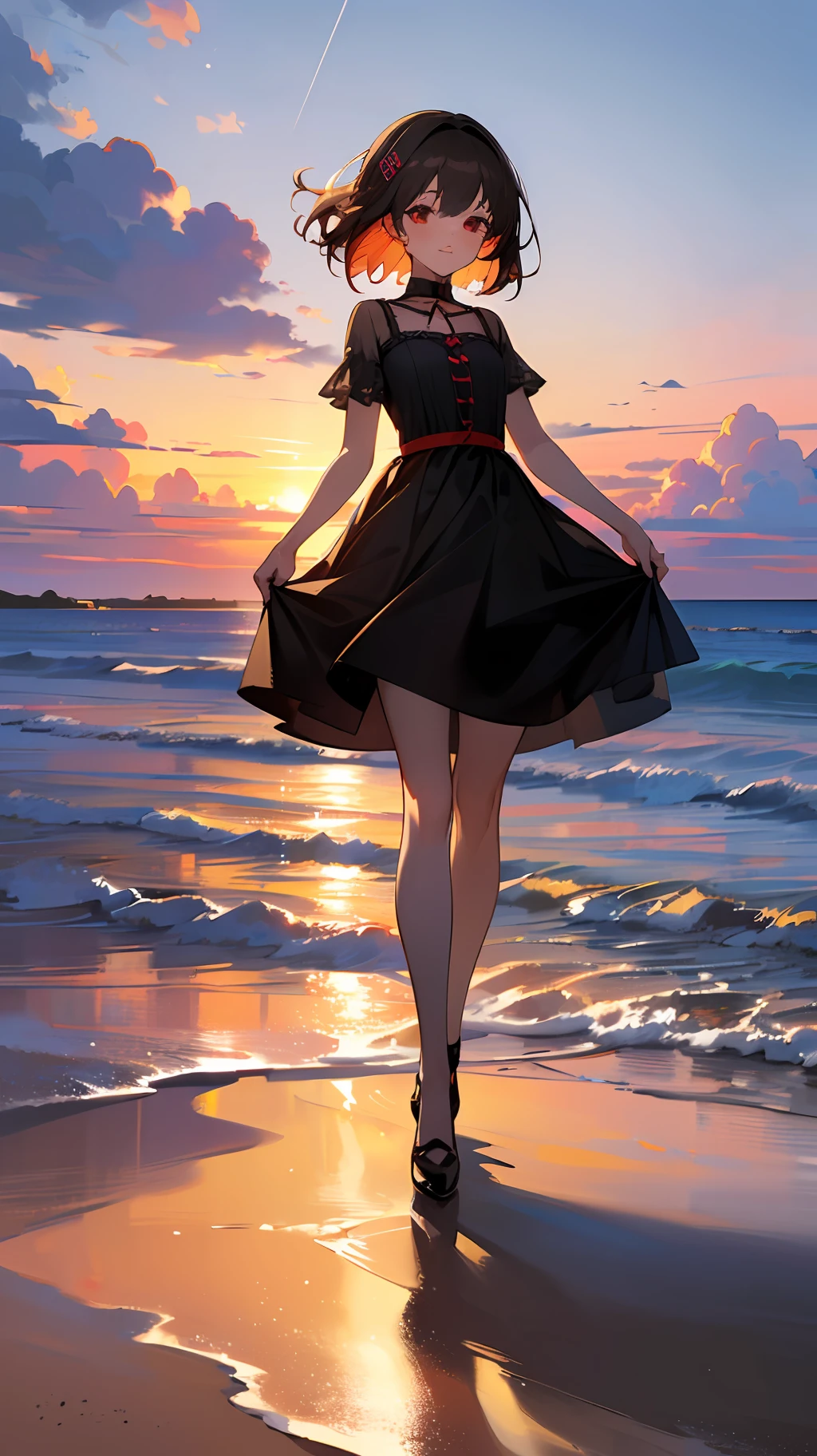 ((masterpiece), super detailed, 8k, wallpaper, high resolution, 1girl, red eyes, hair accessory, black dress, styx, brunette hair, medium hair, delicate skirt, medium chest, full body, bright sky, cloudy, sunset, beach, medium view, --auto