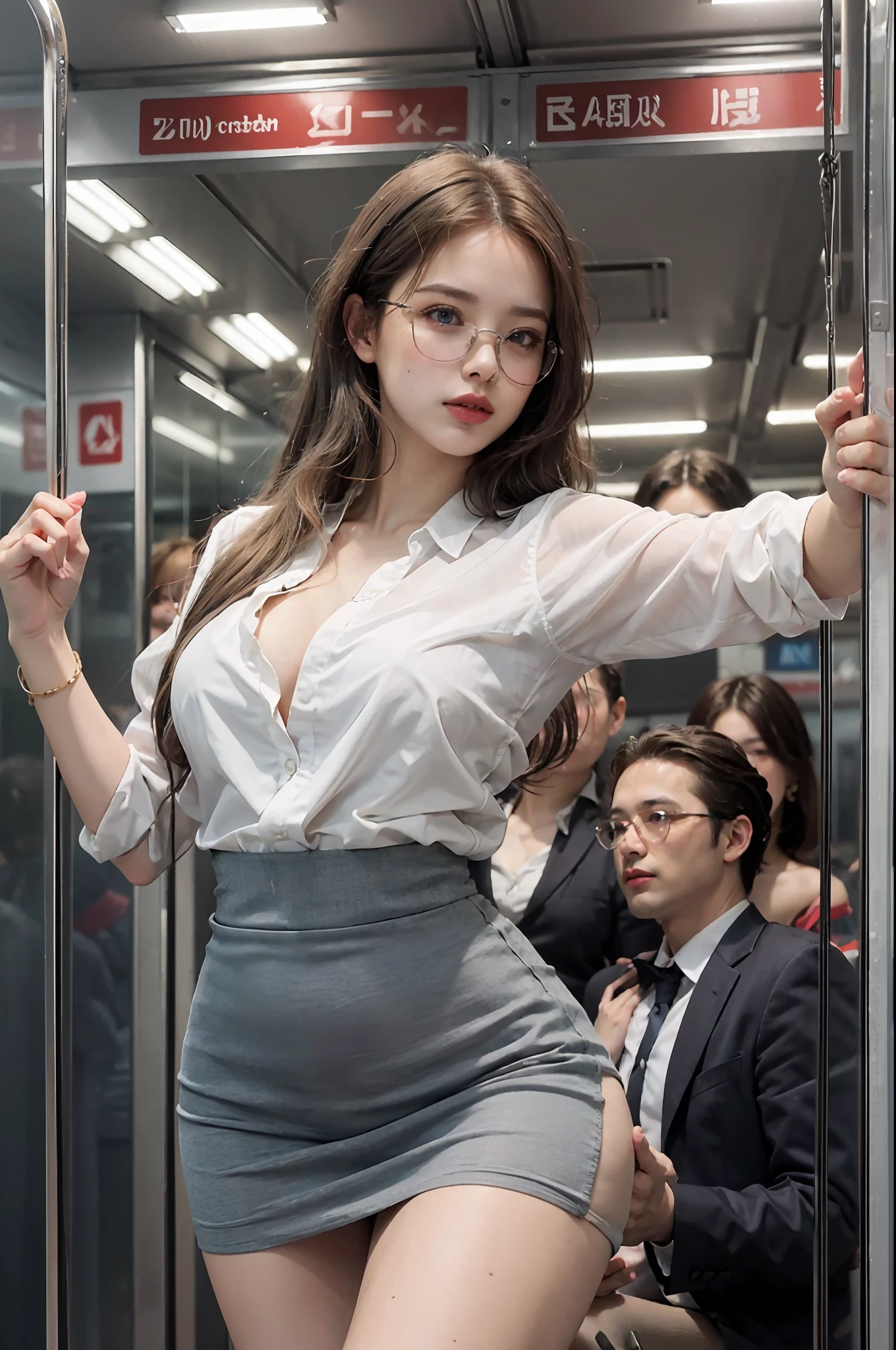Crowded train, sexy girl with glasses, handsome man holding her from behind and talking in her ear, lifting her, white mini skirt swinging upwards, 40k, photography, masterpiece, best quality, dark gray background, (1girl blue eyes and blond hair soon curled with open legs), big breasts full open leg, (round swinging sexy mini skirt: 1.3), (white open shirt: 1.3), older man leaning against her from behind picking her up, varied poses.