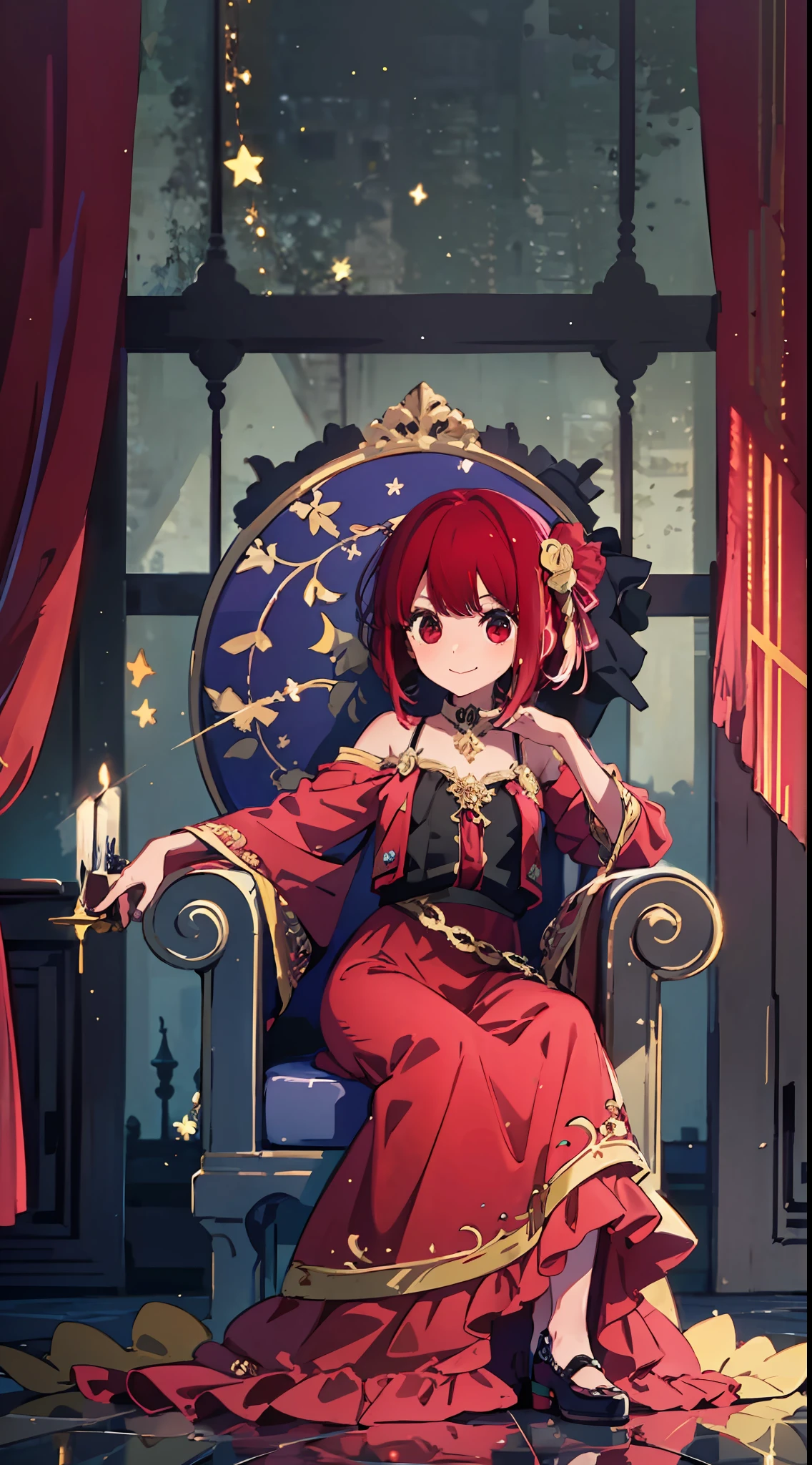 (Lori, 5 years old, girl: 1.5), dark room, sitting, huge throne of gold, queen, watching the viewer, from bellows, self-righteous smile, Kana Arima, red dress, red hair, red eyes, (masterpiece: 1.2), high resolution, top quality, 8k,