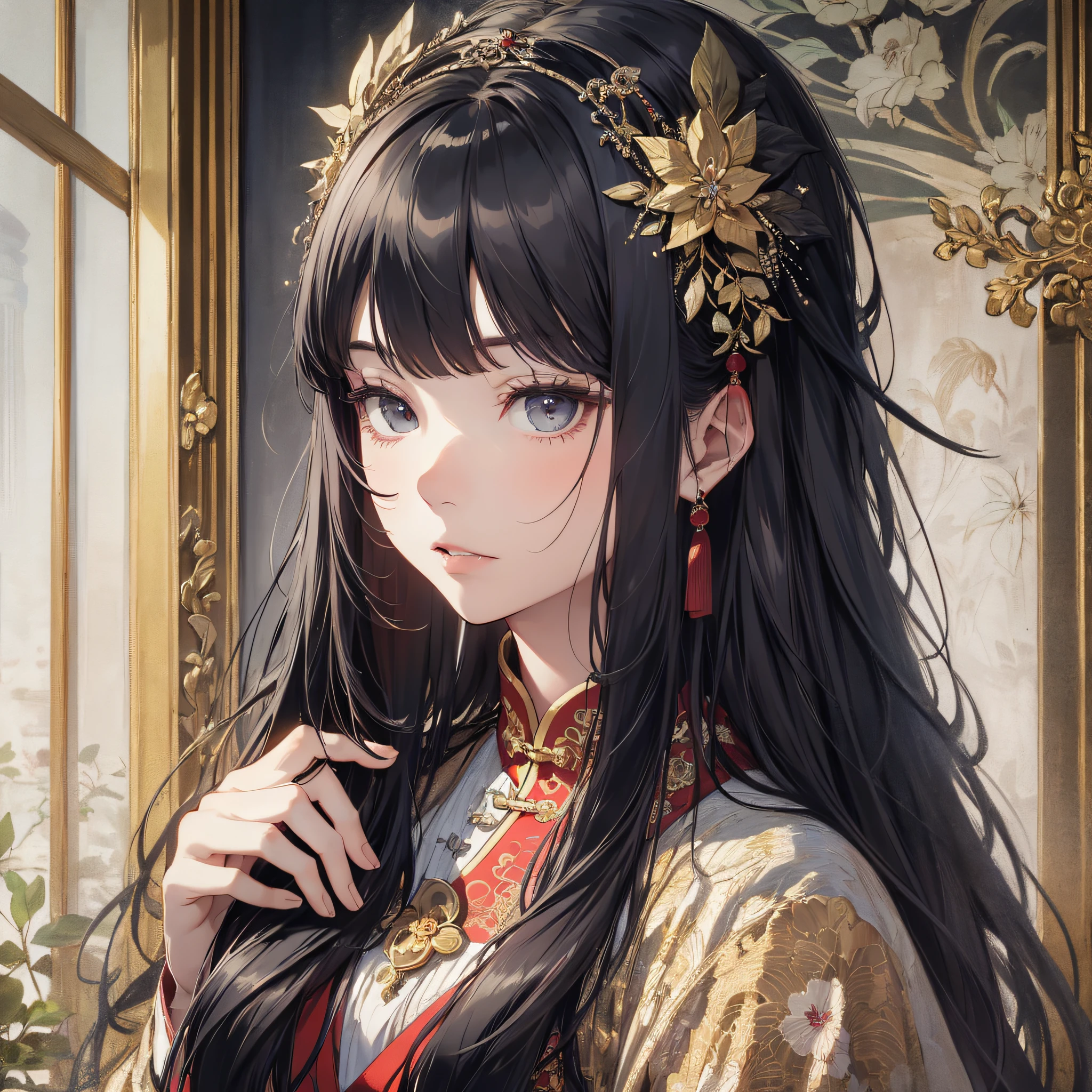 Absurd resolution, high resolution, (masterpiece: 1.4), hyper-detailed, ancient Chinese, inside a gorgeous palace, black long-haired young woman (1.5), expression shy
